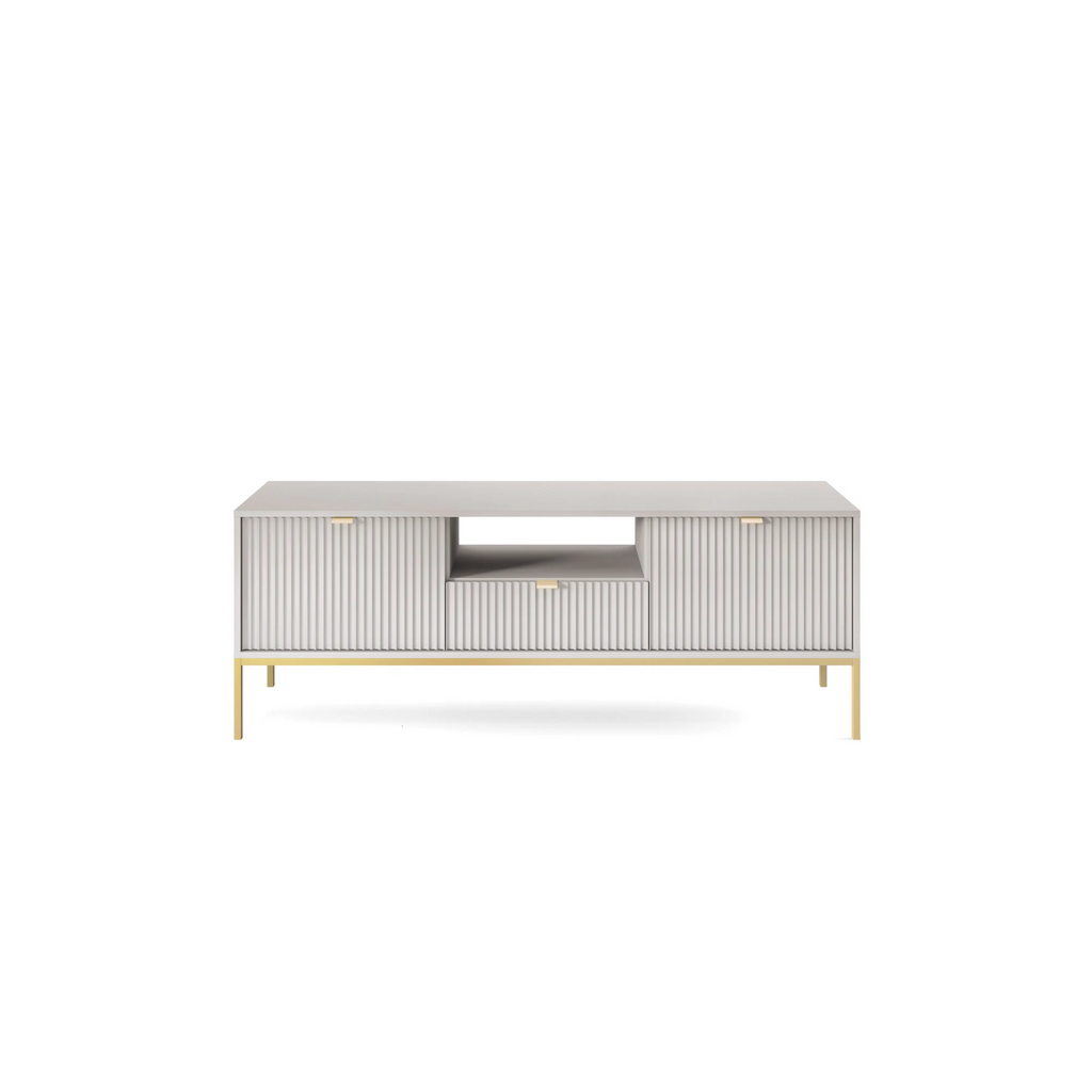 Szafka RTV LUMI 154 cm – szary, ryflowane fronty, złote nóżki