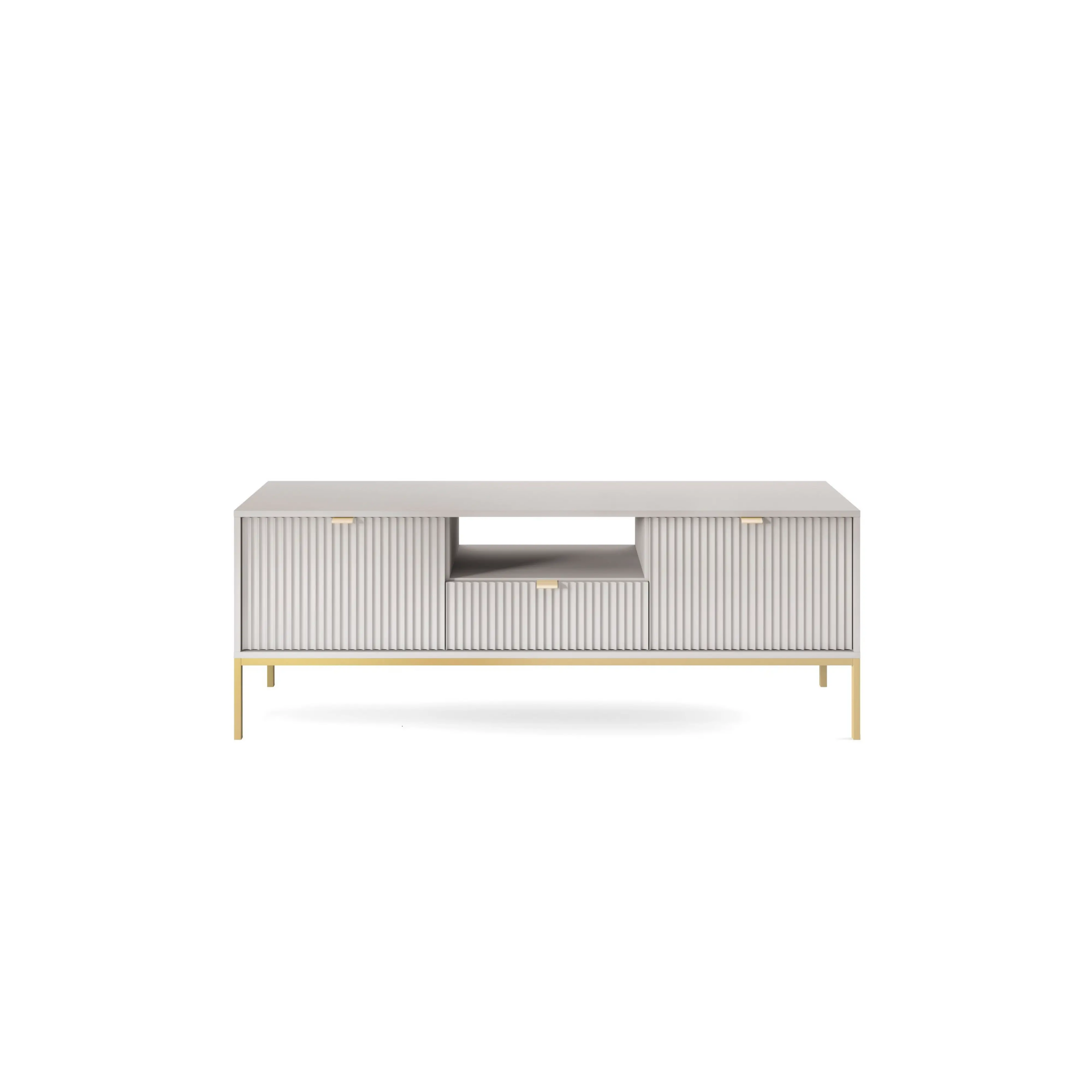Szafka RTV LUMI 154 cm – szary, ryflowane fronty, złote nóżki