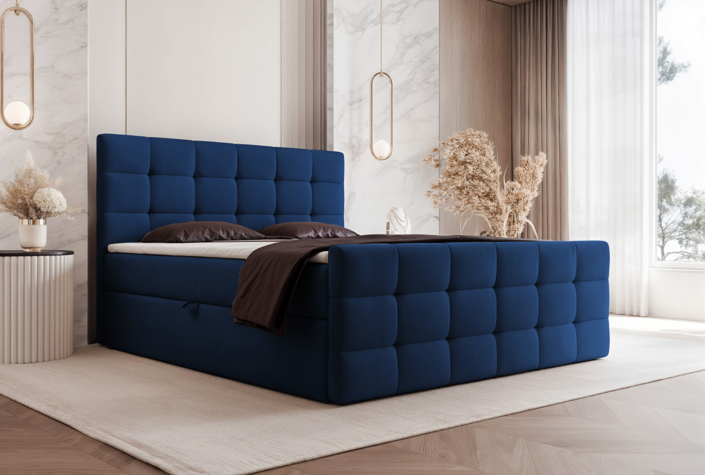 Łóżko kontynentalne z pojemnikiem Padwa Dream Velvet 24 Granatowe