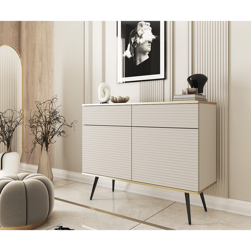 Komoda Elisse 2D2S 107 cm - beżowa, ryflowany front, czarne nóżki