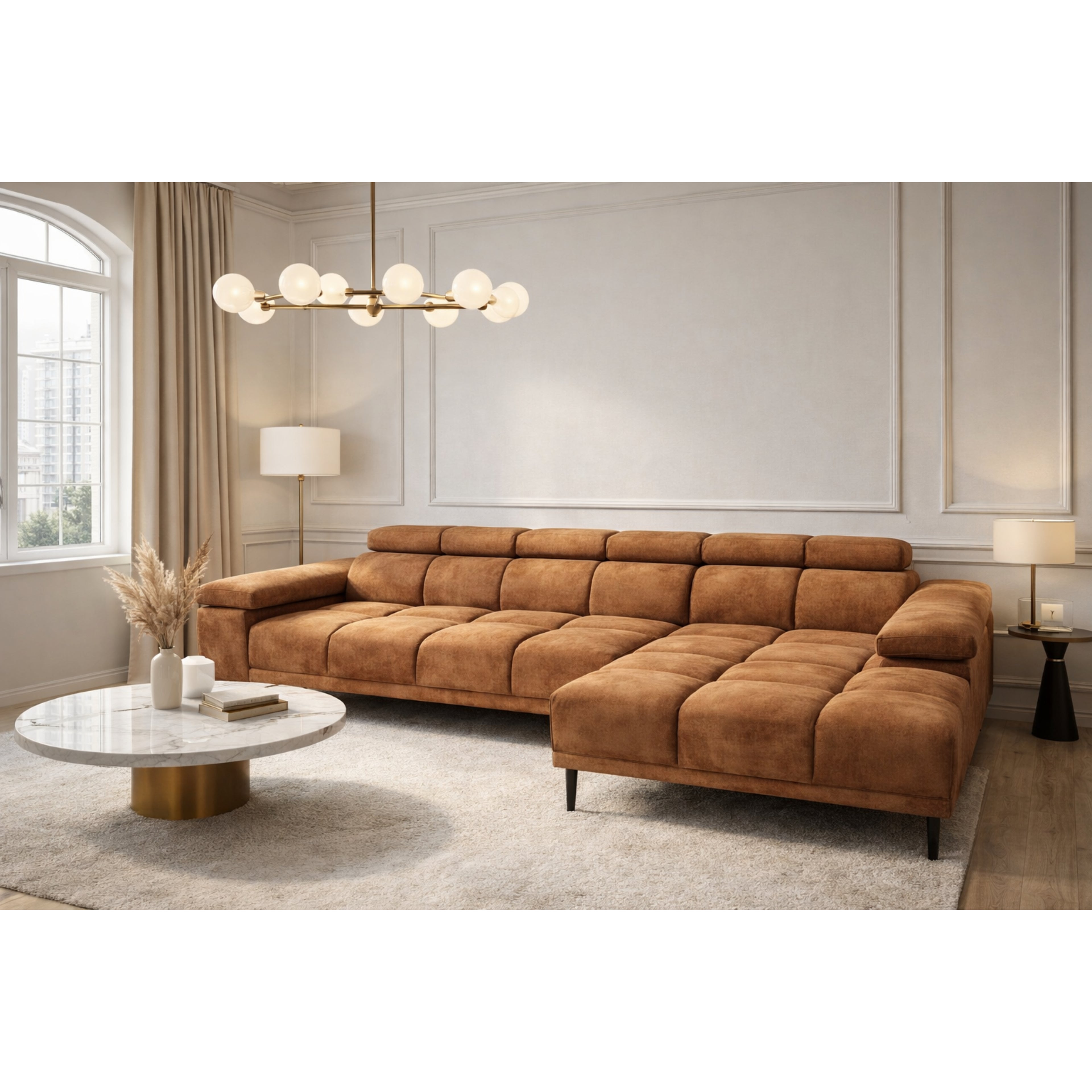 Narożnik 300 cm Oranżowy nowoczesny Relaxio Motion Corner z el.funkcją wysuwu siedziska