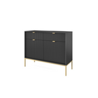 Komoda LUMI 2D2S – 104 cm, czarna, ryflowane fronty, złote nóżki