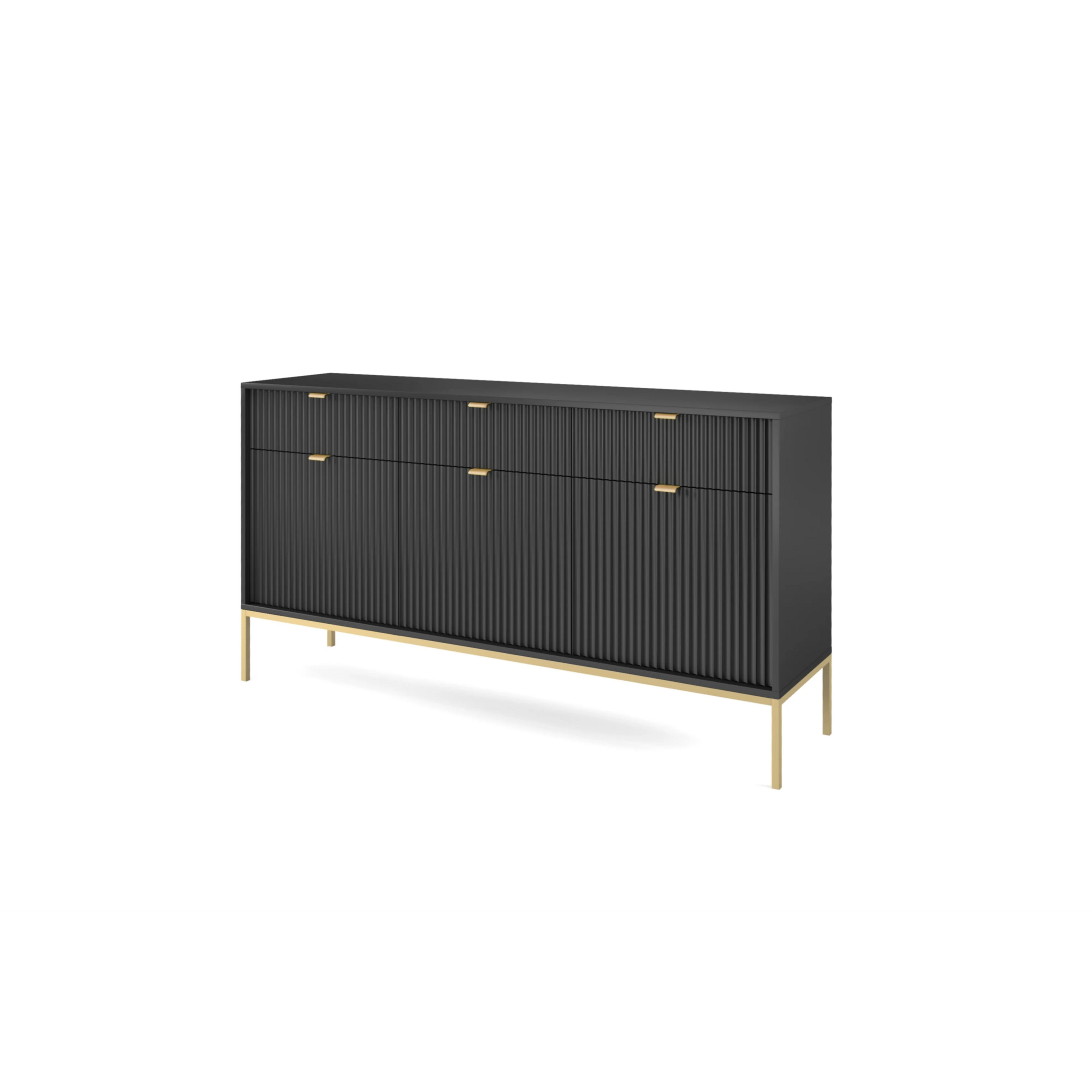 Komoda LUMI 3D – 154 cm, czarna, ryflowane fronty, złote nóżki