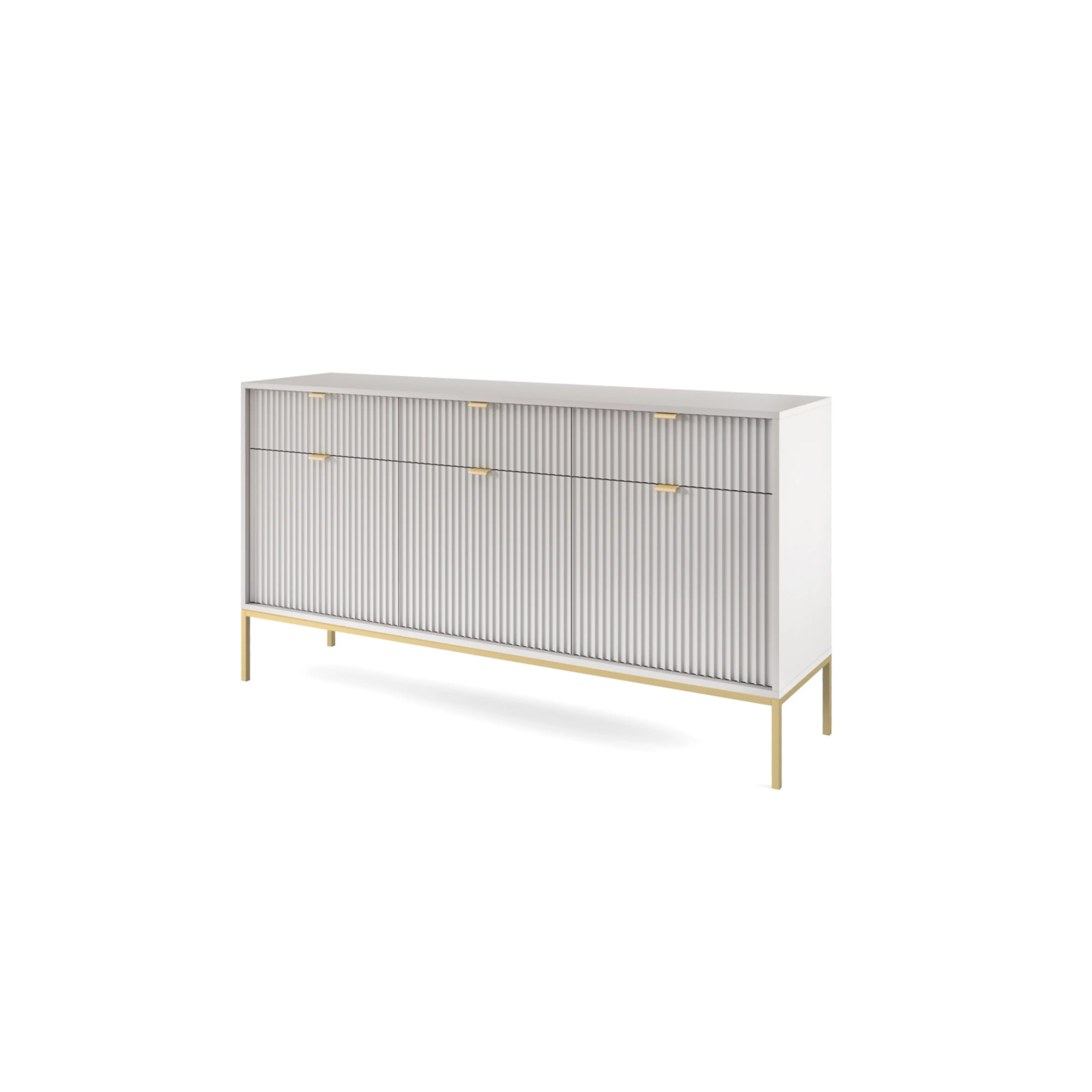 Komoda LUMI 3D – 154 cm, szary, ryflowane fronty, złote nóżki