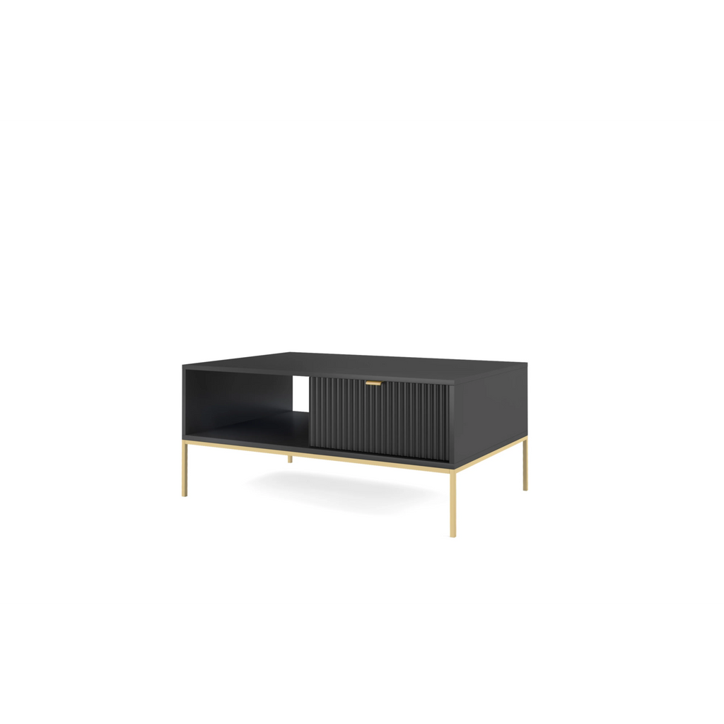 Stolik kawowy LUMI 1S – 104 cm, czarny, ryflowany front, złote nóżki