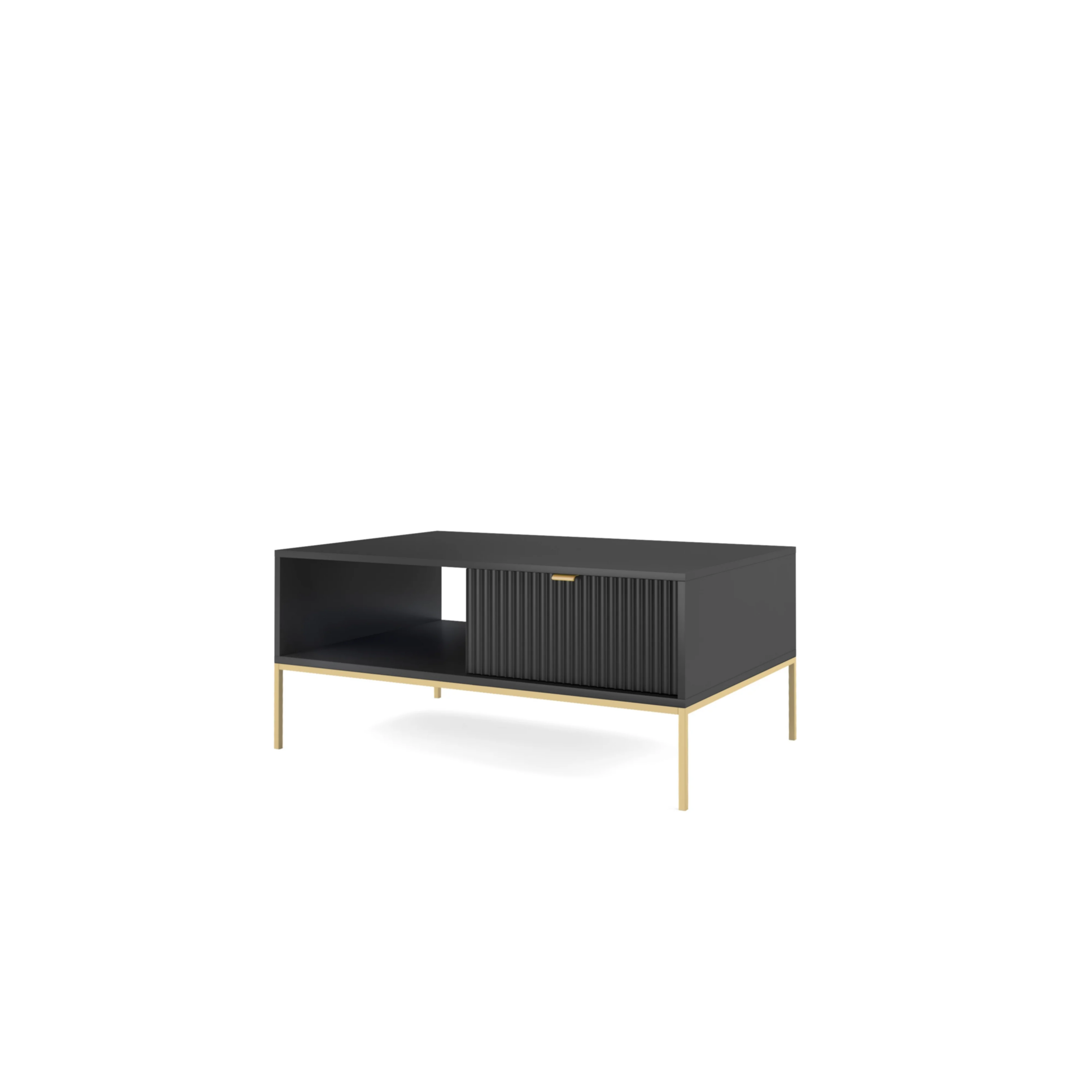 Stolik kawowy LUMI 1S – 104 cm, czarny, ryflowany front, złote nóżki