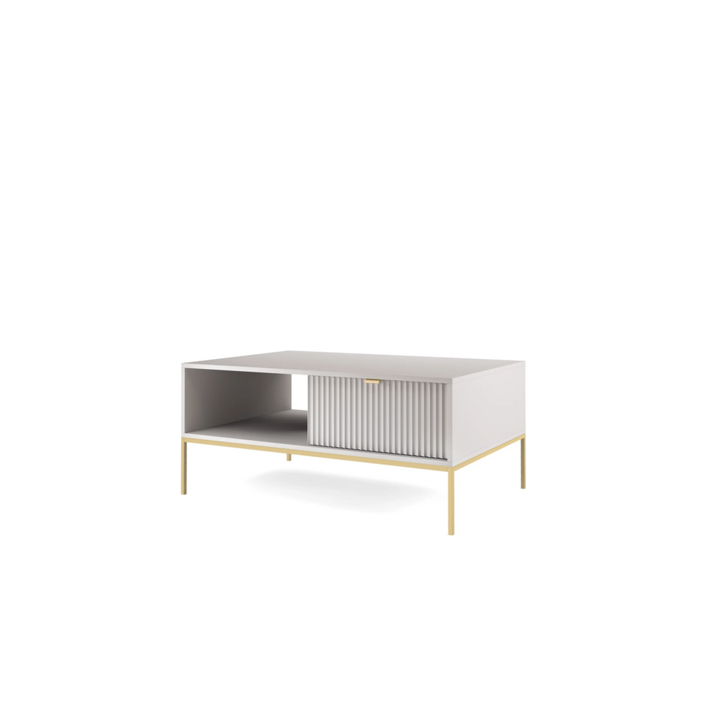 Stolik kawowy LUMI 1S – 104 cm, szary, ryflowany front, złote nóżki
