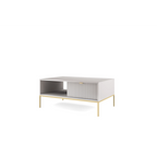 Stolik kawowy LUMI 1S – 104 cm, szary, ryflowany front, złote nóżki