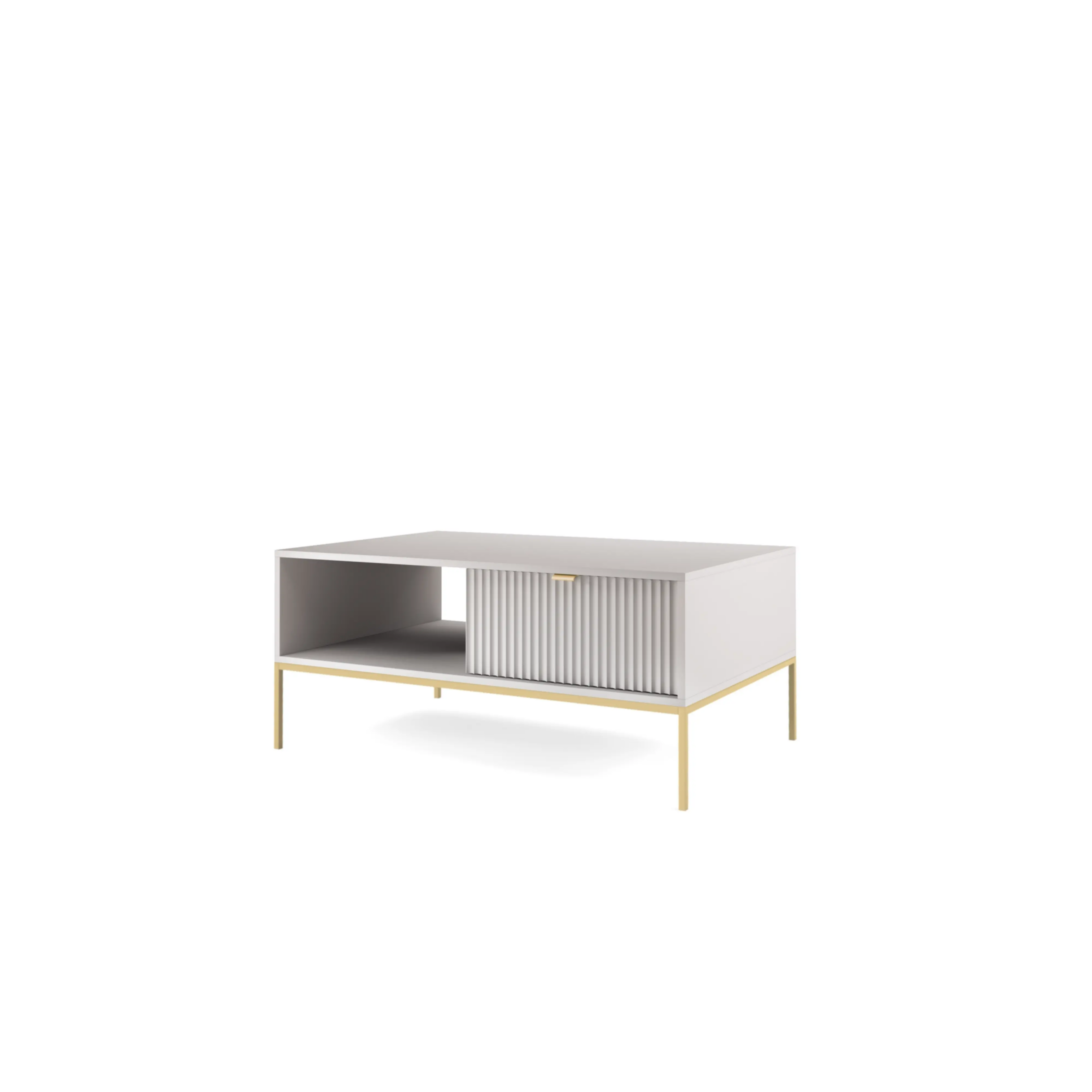 Stolik kawowy LUMI 1S – 104 cm, szary, ryflowany front, złote nóżki