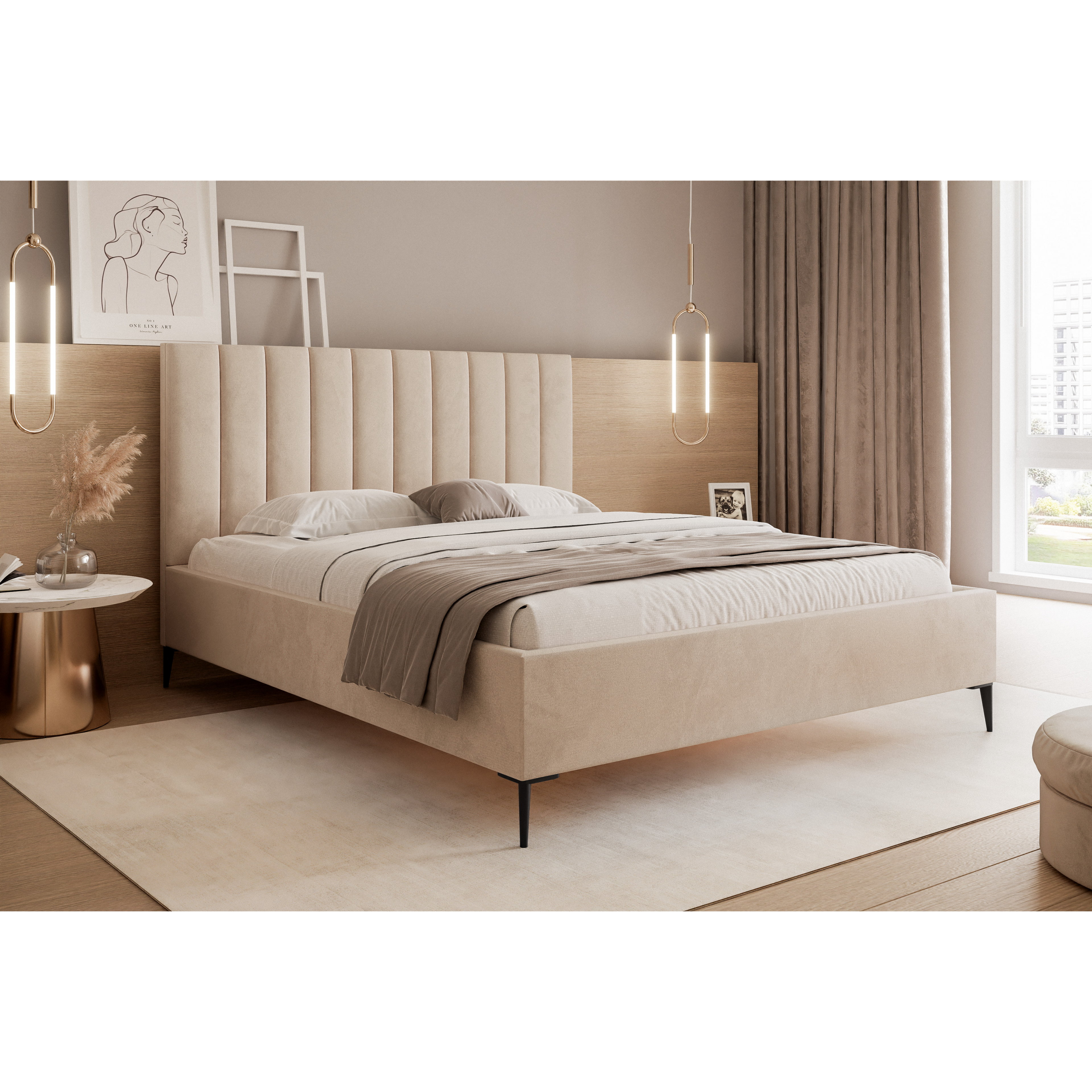 Łóżko tapicerowane VELORIA SOFT 120–200x200 z wysokim zagłówkiem na nóżkach