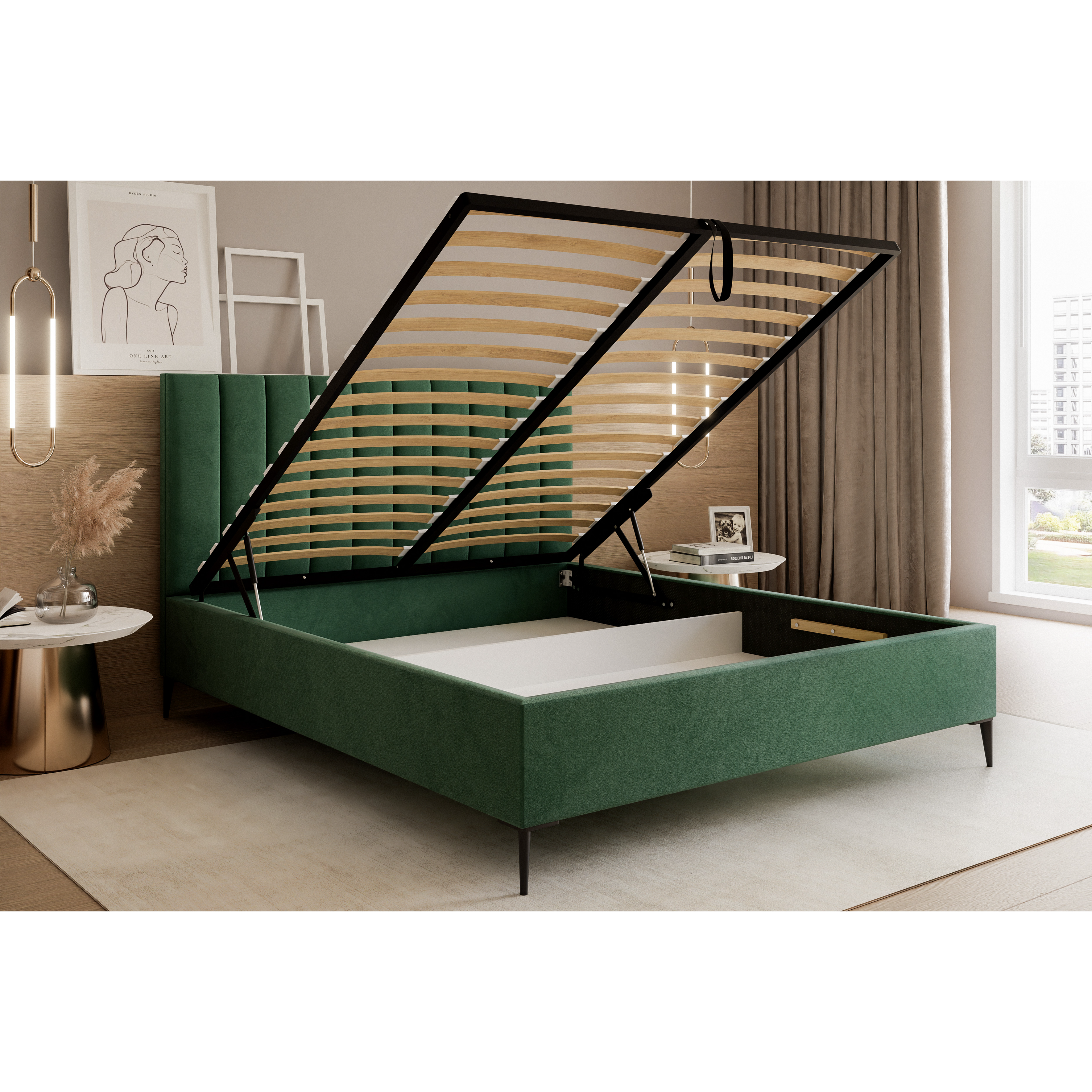 Łóżko tapicerowane VELORIA SOFT 120–200x200 z wysokim zagłówkiem na nóżkach