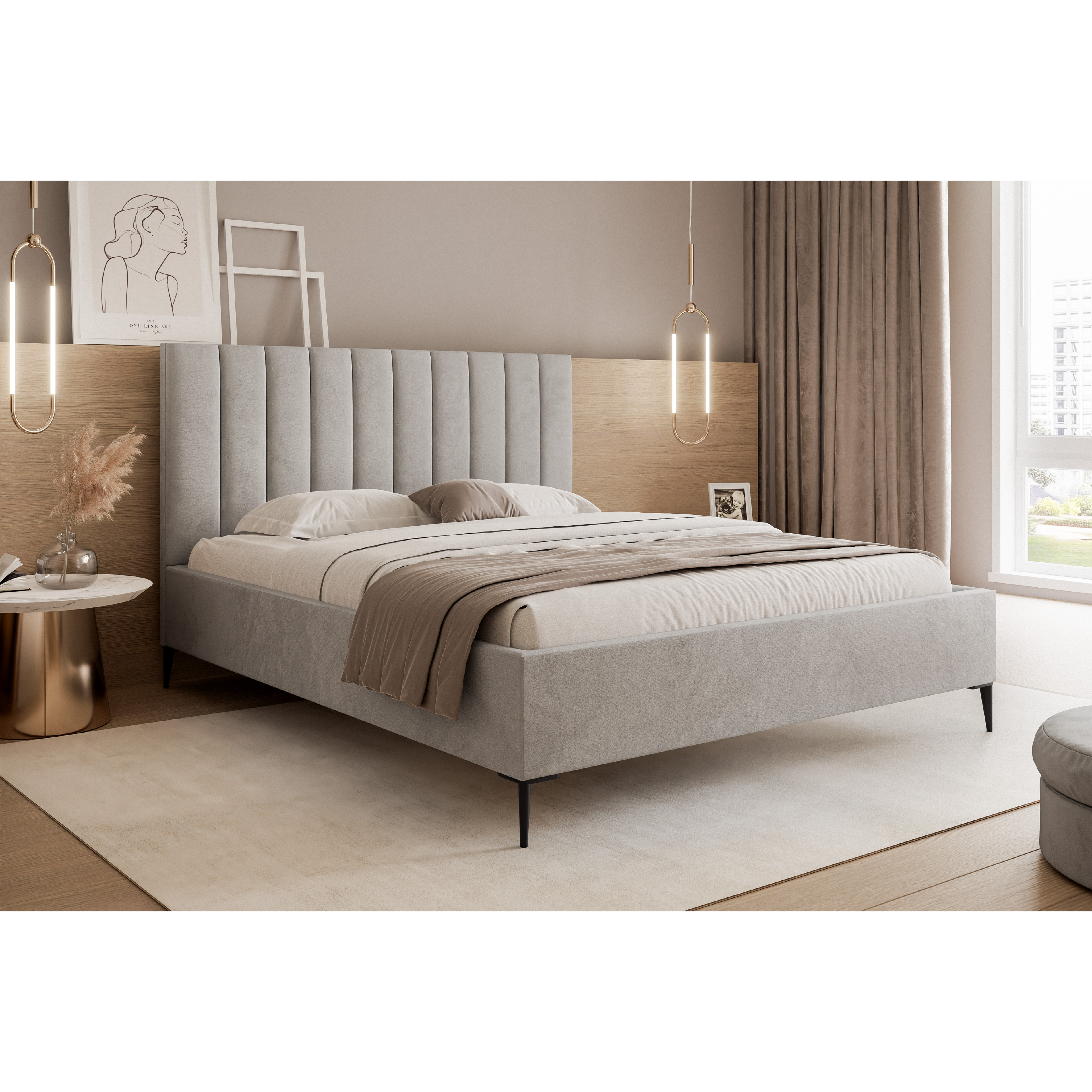 Łóżko tapicerowane VELORIA SOFT 120–200x200 z wysokim zagłówkiem na nóżkach