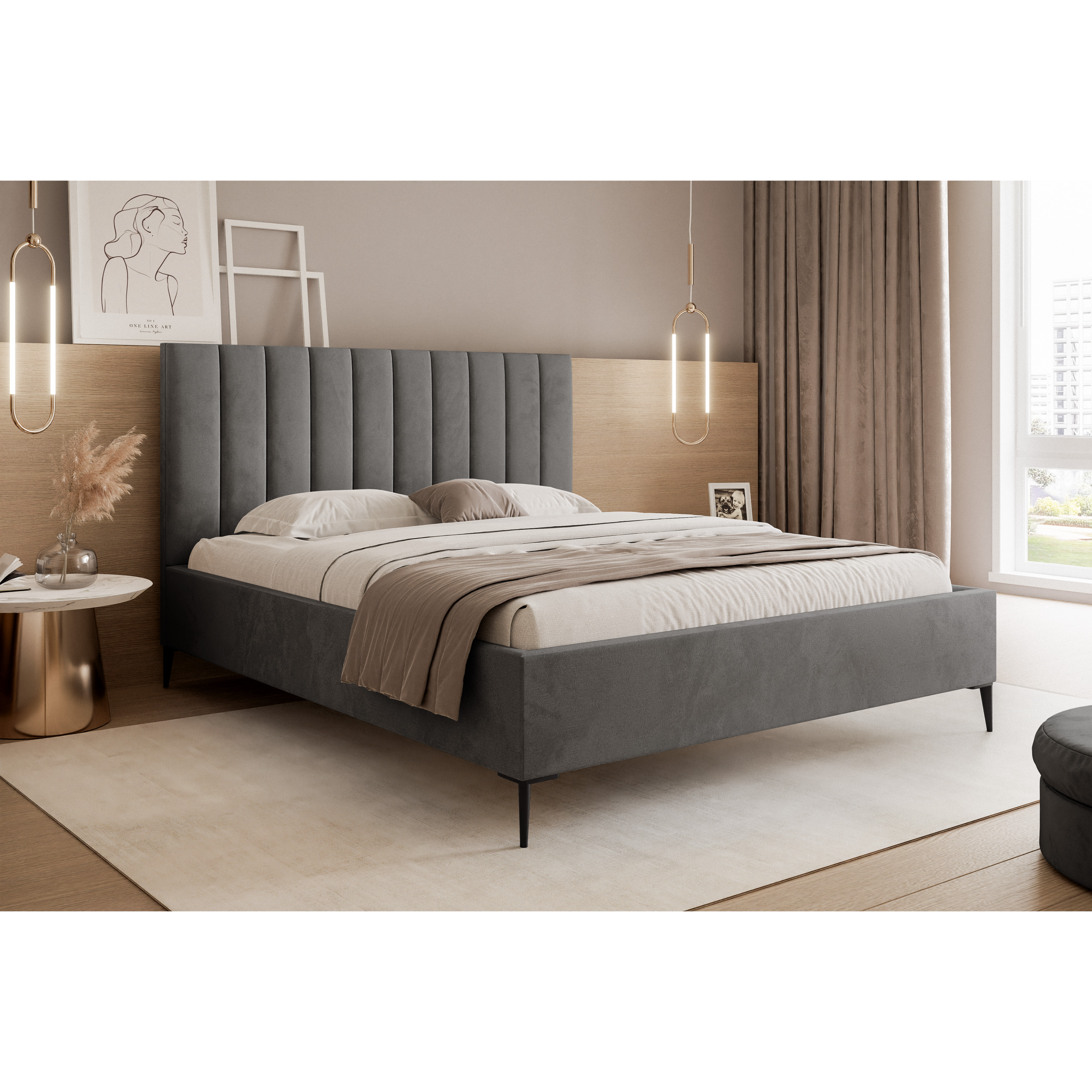Łóżko tapicerowane VELORIA SOFT 120–200x200 z wysokim zagłówkiem na nóżkach