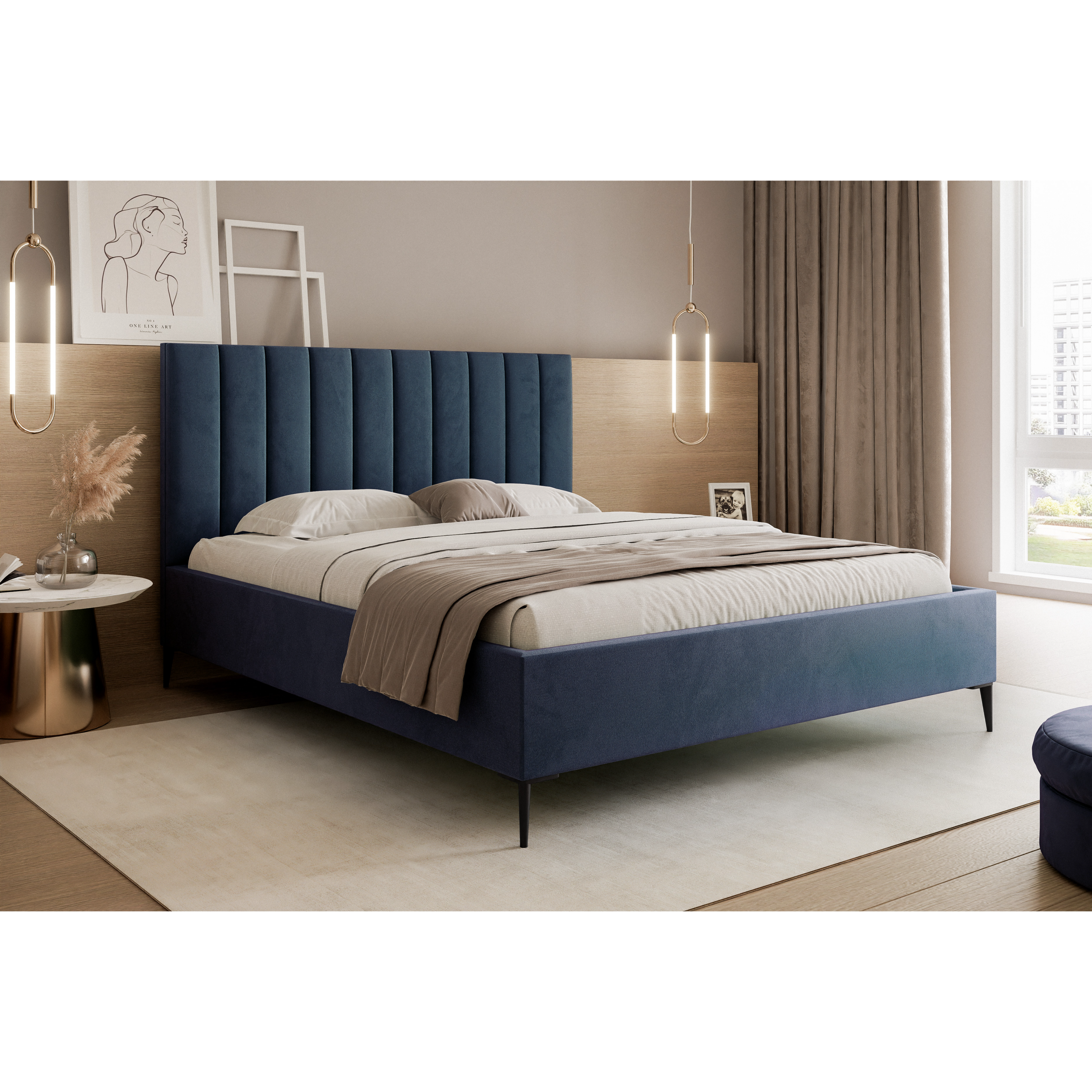 Łóżko tapicerowane VELORIA SOFT 120–200x200 z wysokim zagłówkiem na nóżkach