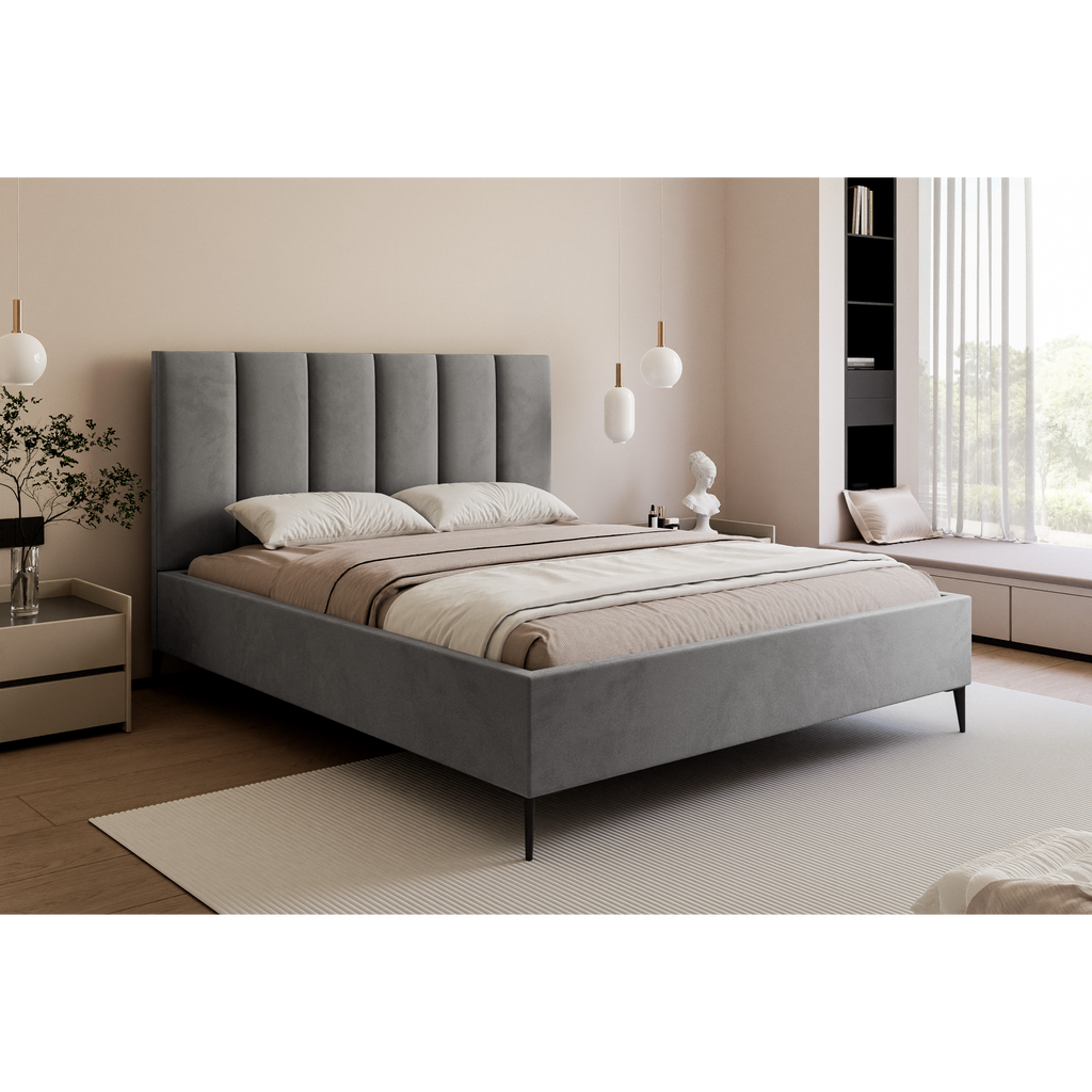 Łóżko tapicerowane 120–200x200 z wysokim zagłówkiem na nóżkach – VELORIA CLOUD