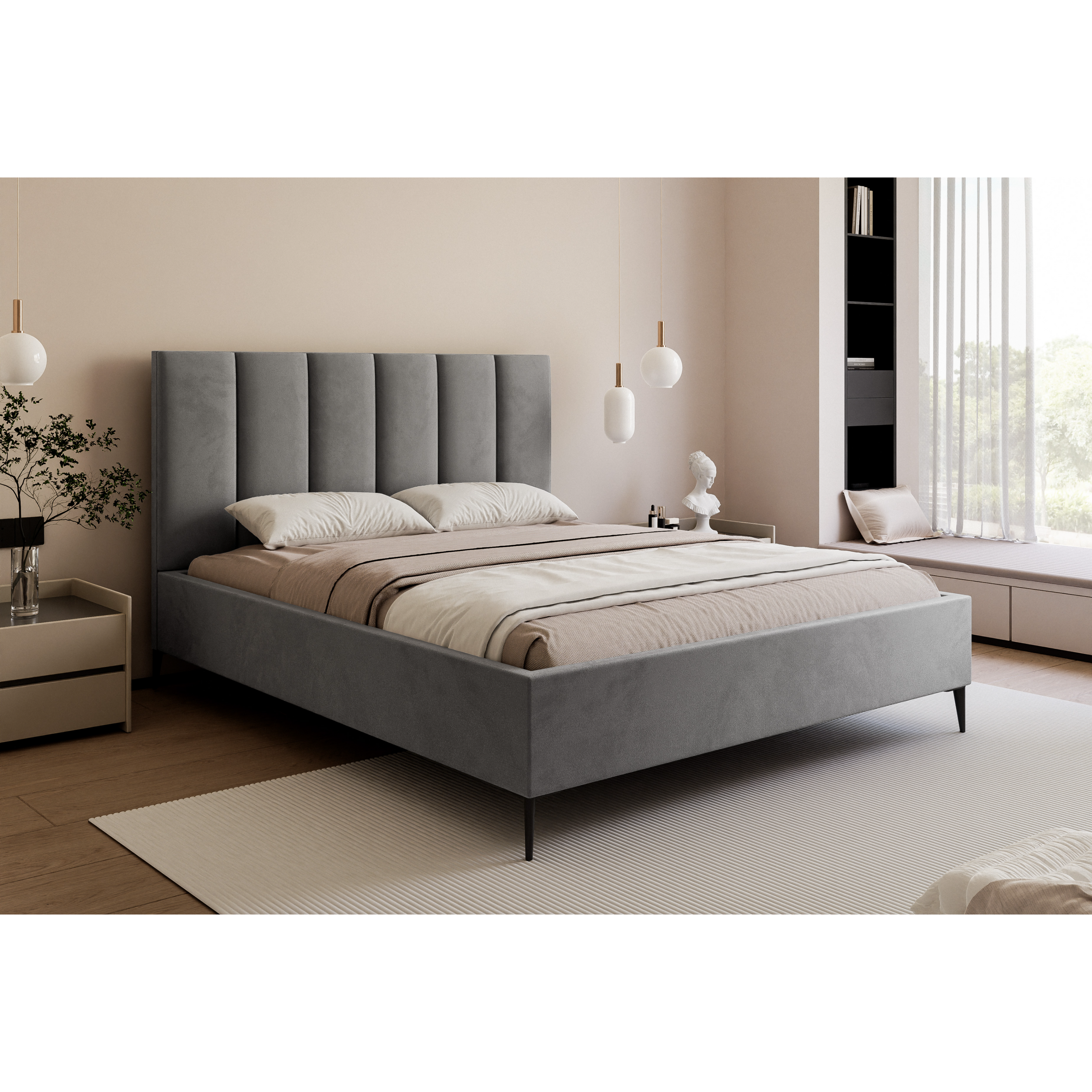 Łóżko tapicerowane 120–200x200 z wysokim zagłówkiem na nóżkach – VELORIA CLOUD