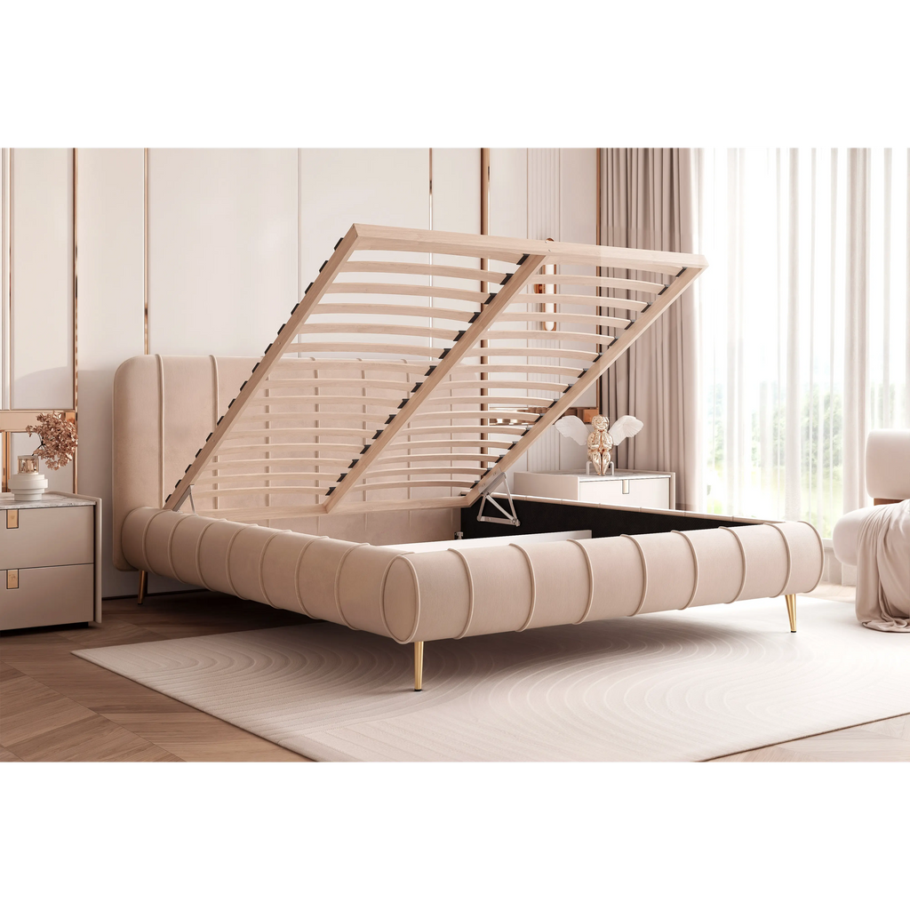 Łóżko tapicerowane LUMIÈRE Roll SLIM na nóżkach - Tkanina Dream Velvet