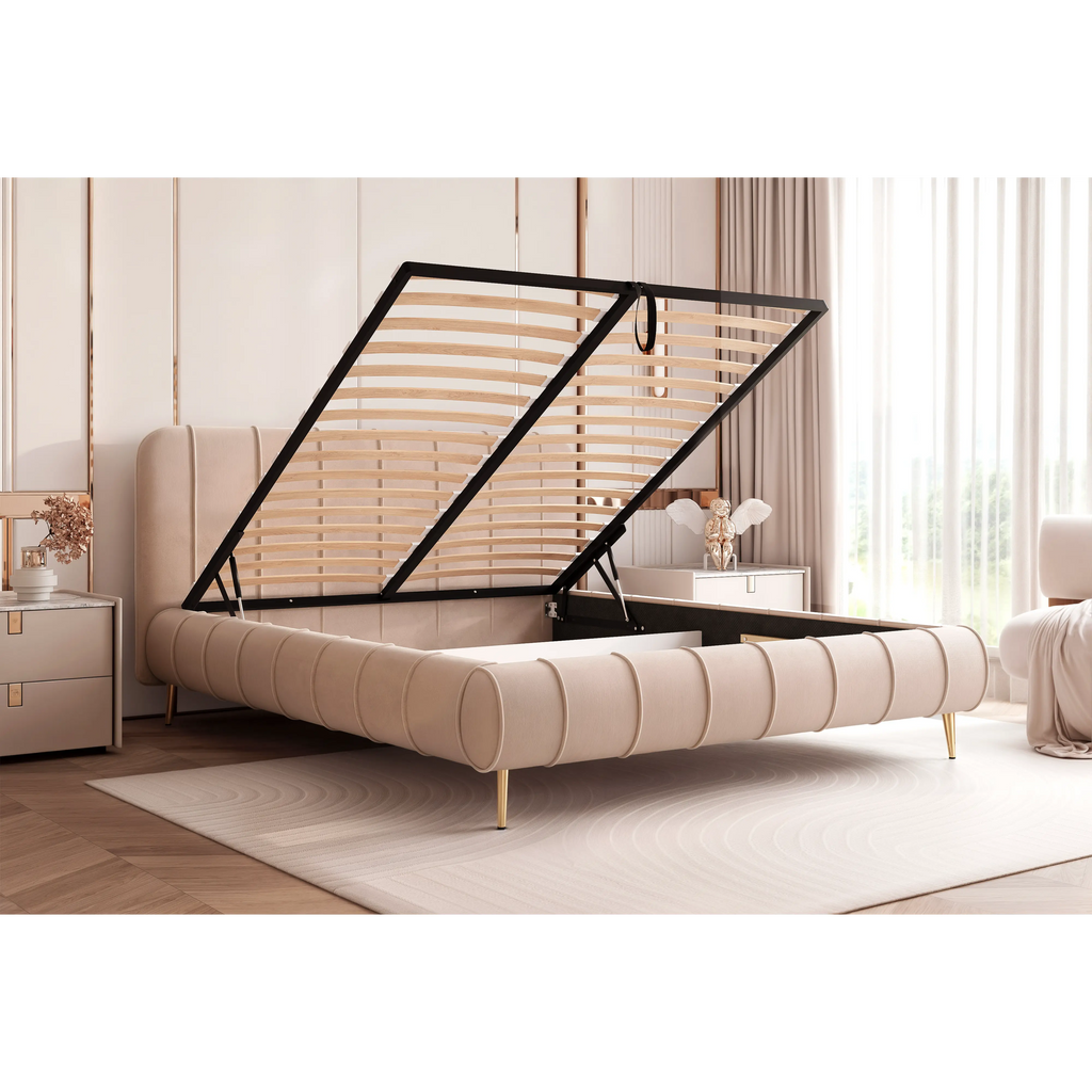 Łóżko tapicerowane LUMIÈRE Roll SLIM na nóżkach - Tkanina Dream Velvet