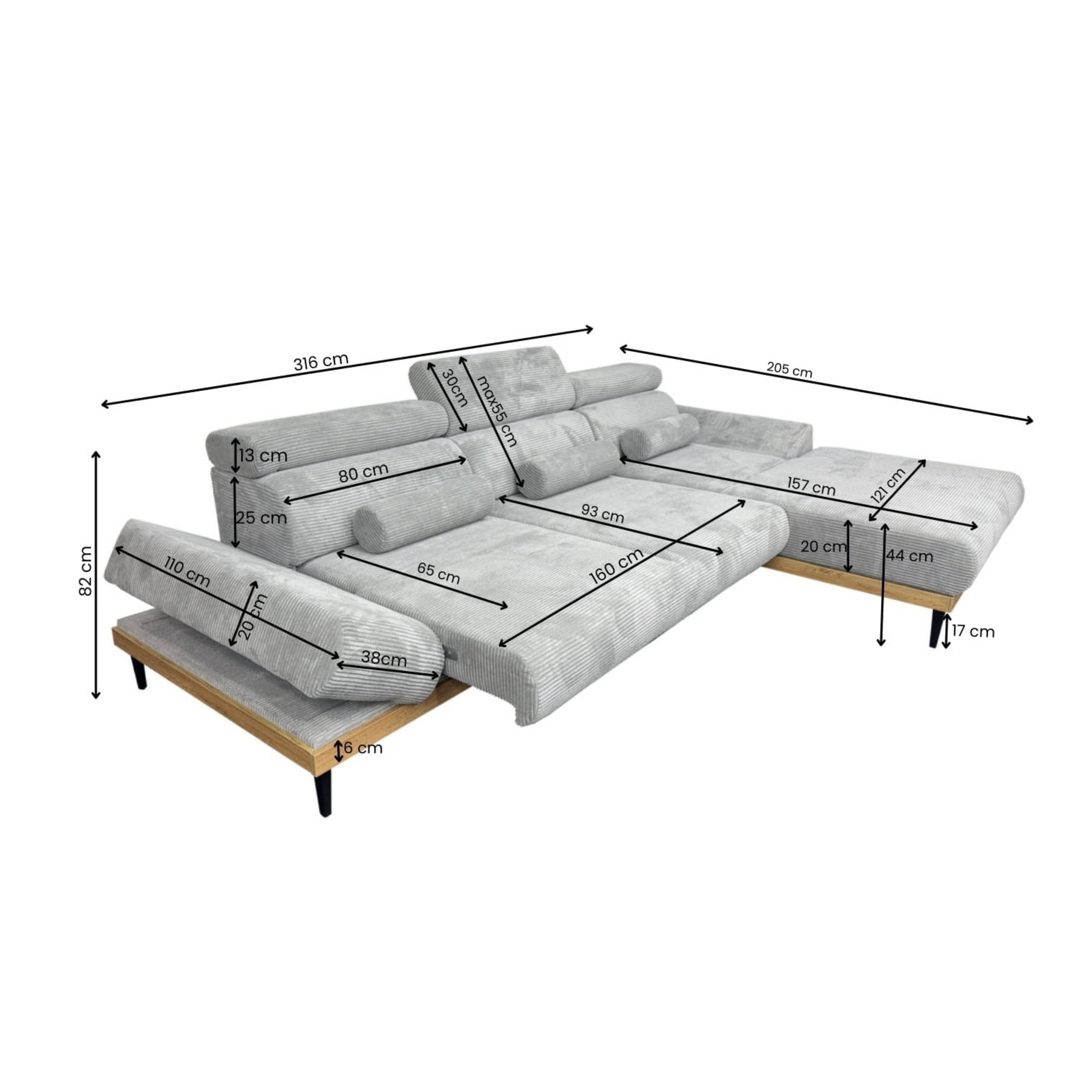 Narożnik 316 cm Jasno Szary nowoczesny Montero Soft Lounge z el.funkcją wysuwu siedziska