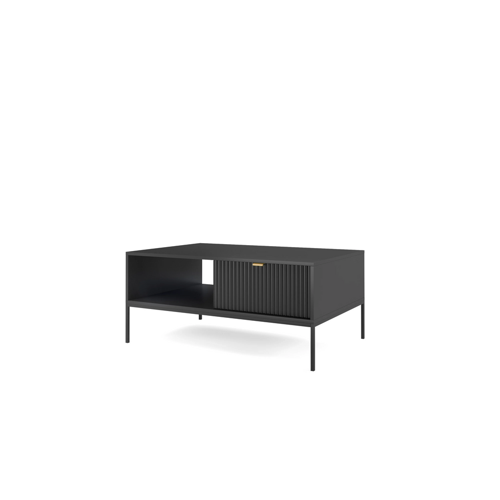 Stolik kawowy LUMI 1S – 104 cm, czarny, ryflowany front, czarne nóżki
