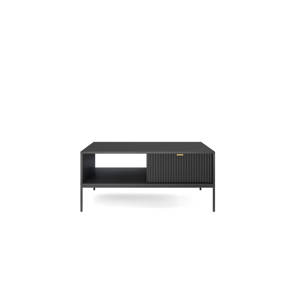 Stolik kawowy LUMI 1S – 104 cm, czarny, ryflowany front, czarne nóżki