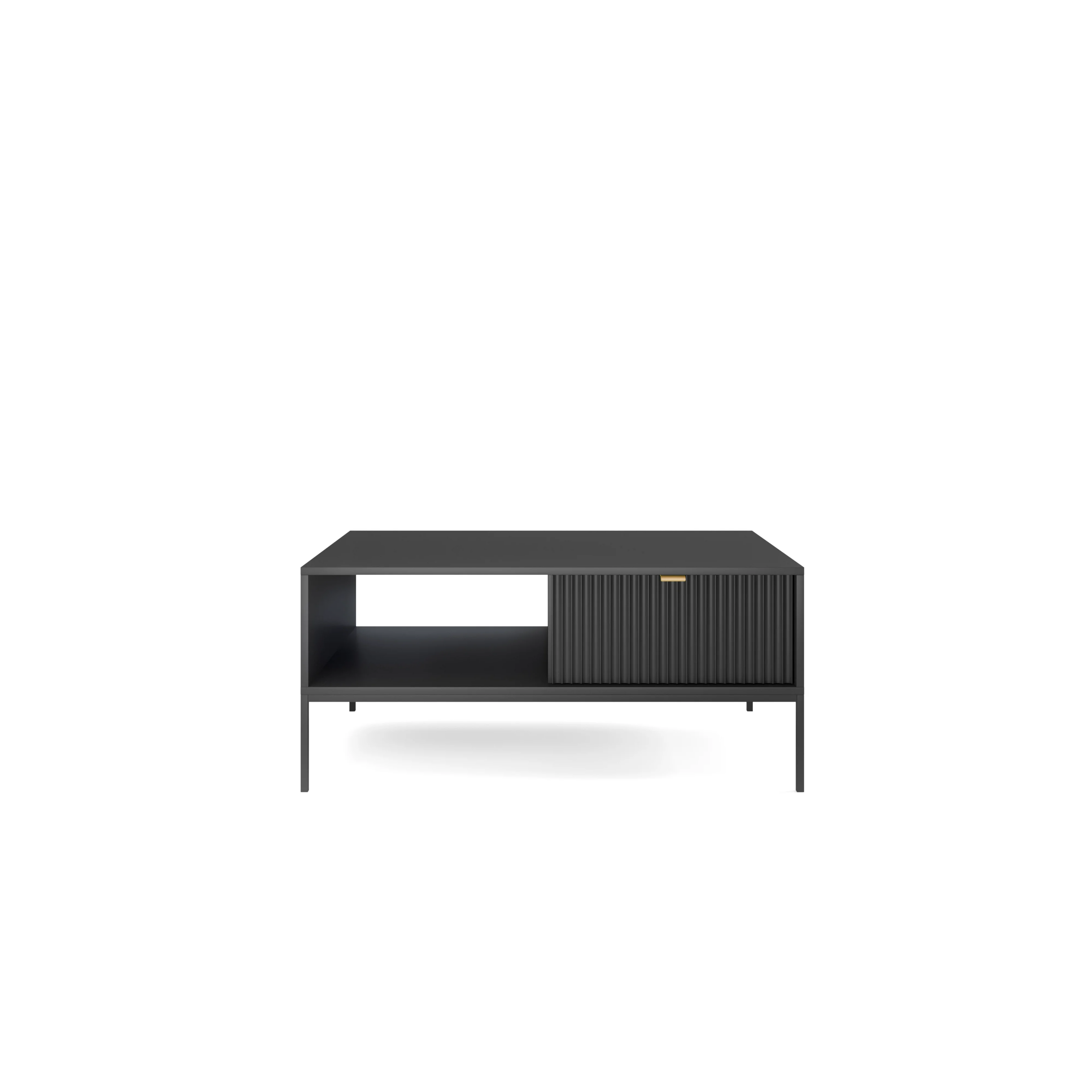 Stolik kawowy LUMI 1S – 104 cm, czarny, ryflowany front, czarne nóżki