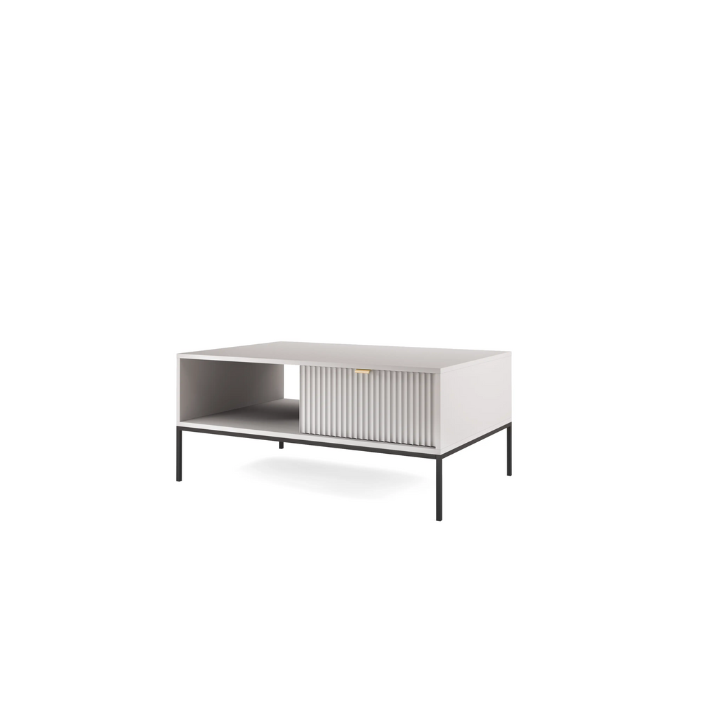 Stolik kawowy LUMI 1S – 104 cm, szary, ryflowany front, czarne nóżki