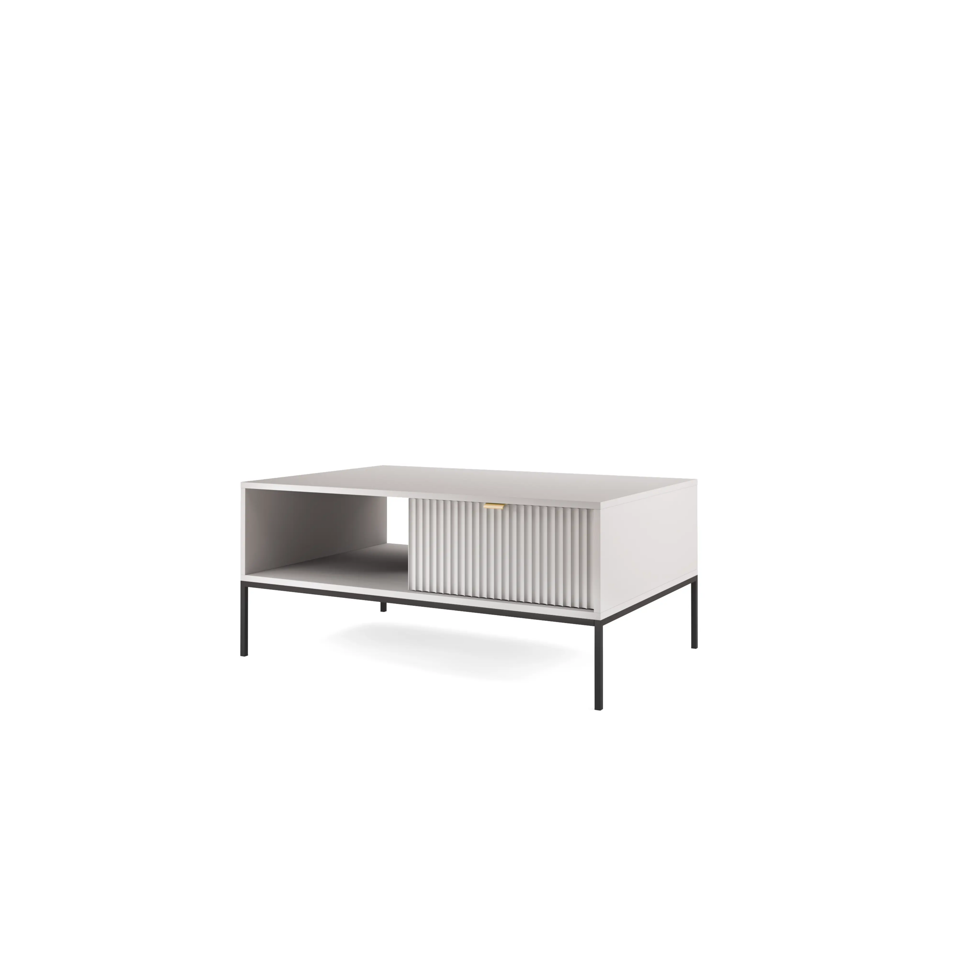 Stolik kawowy LUMI 1S – 104 cm, szary, ryflowany front, czarne nóżki