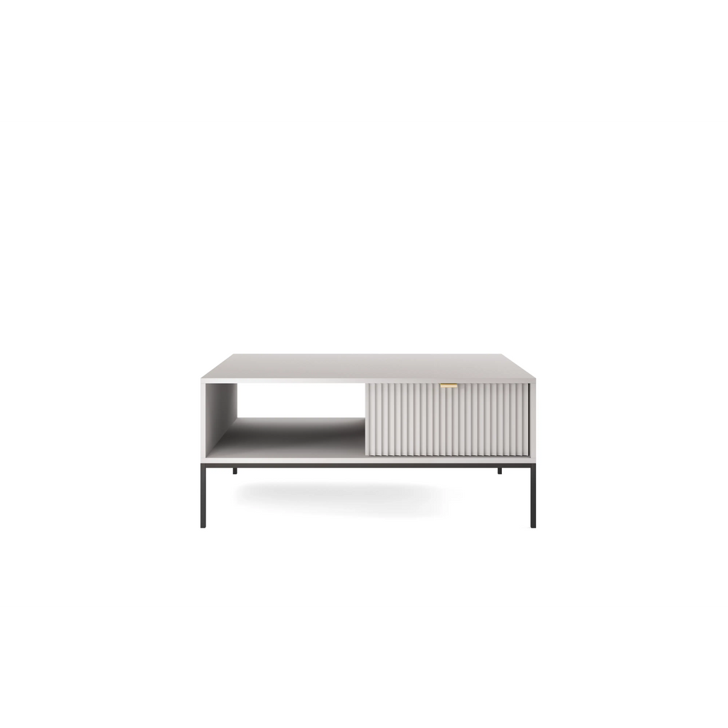 Stolik kawowy LUMI 1S – 104 cm, szary, ryflowany front, czarne nóżki