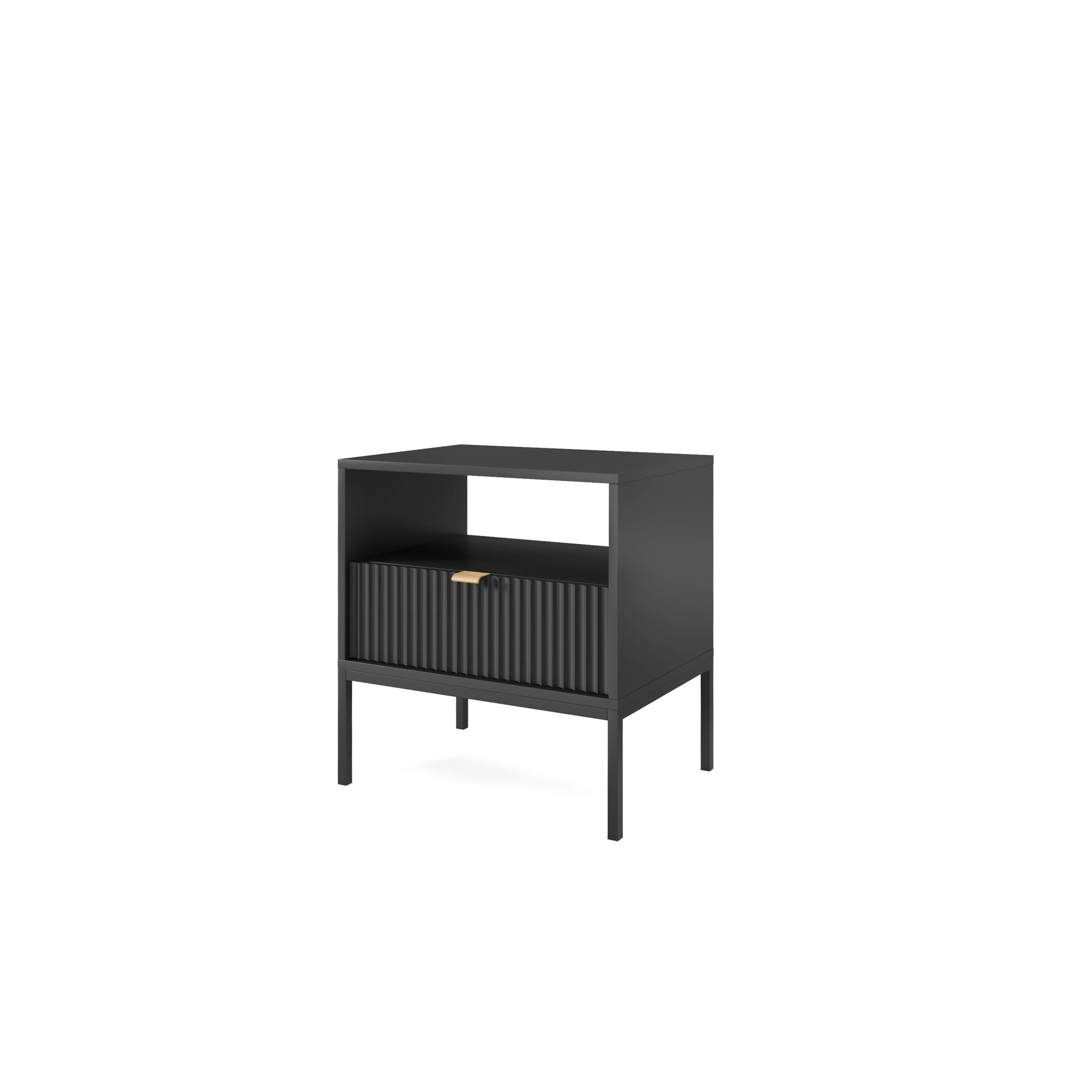Stolik nocny LUMI 1S – 54 cm, czarny, ryflowany front, czarne nóżki