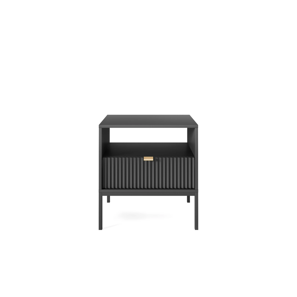 Stolik nocny LUMI 1S – 54 cm, czarny, ryflowany front, czarne nóżki