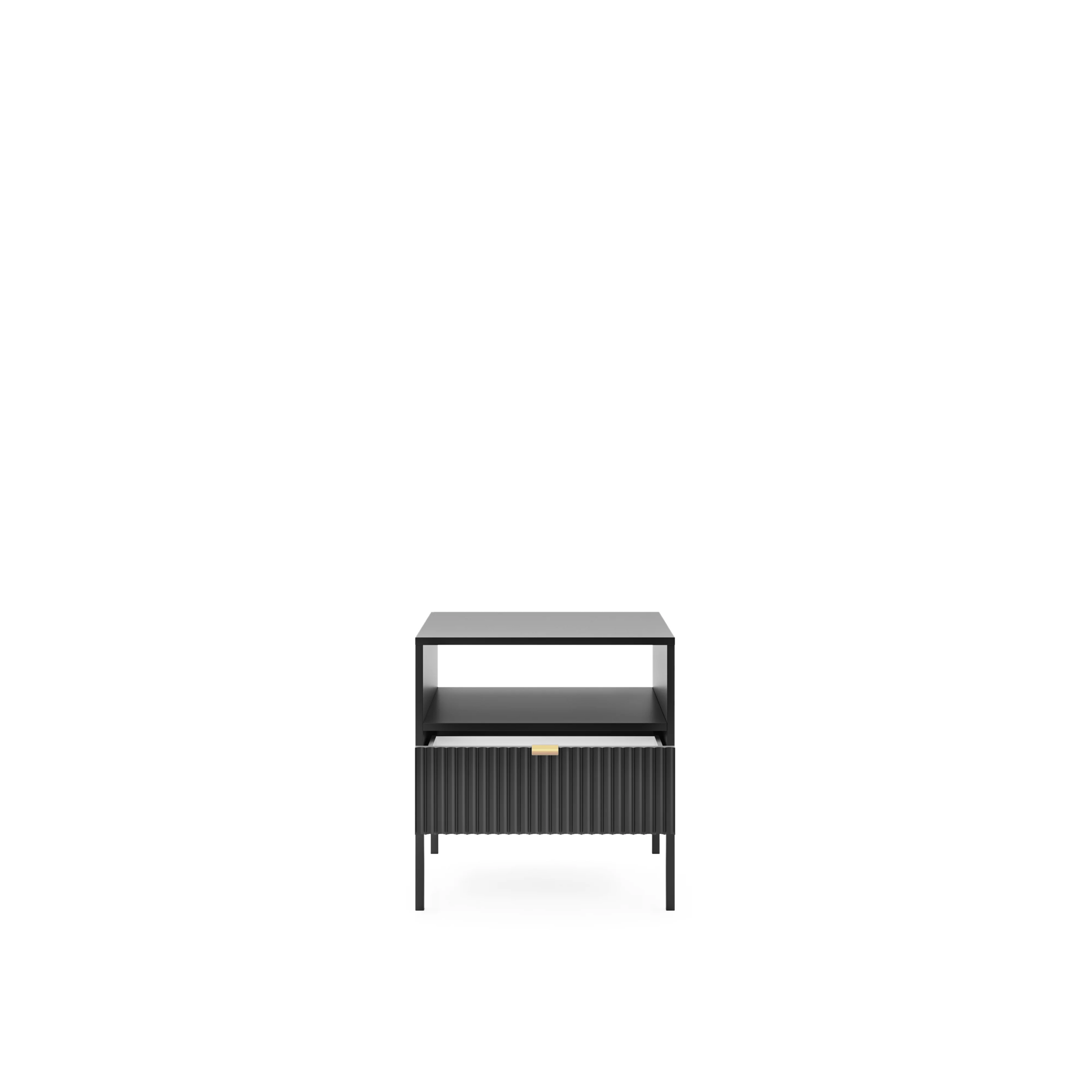 Stolik nocny LUMI 1S – 54 cm, czarny, ryflowany front, czarne nóżki