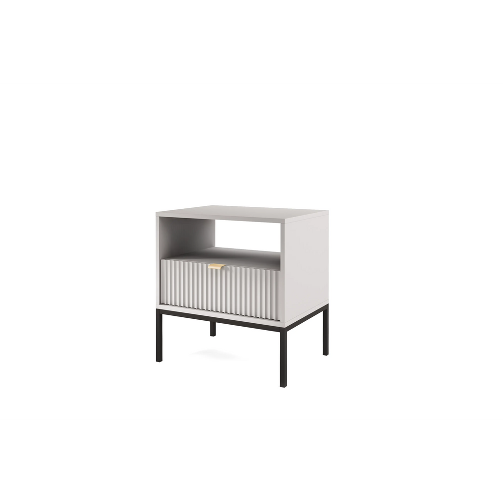 Stolik nocny LUMI 1S – 54 cm, szary, ryflowany front, czarne nóżki
