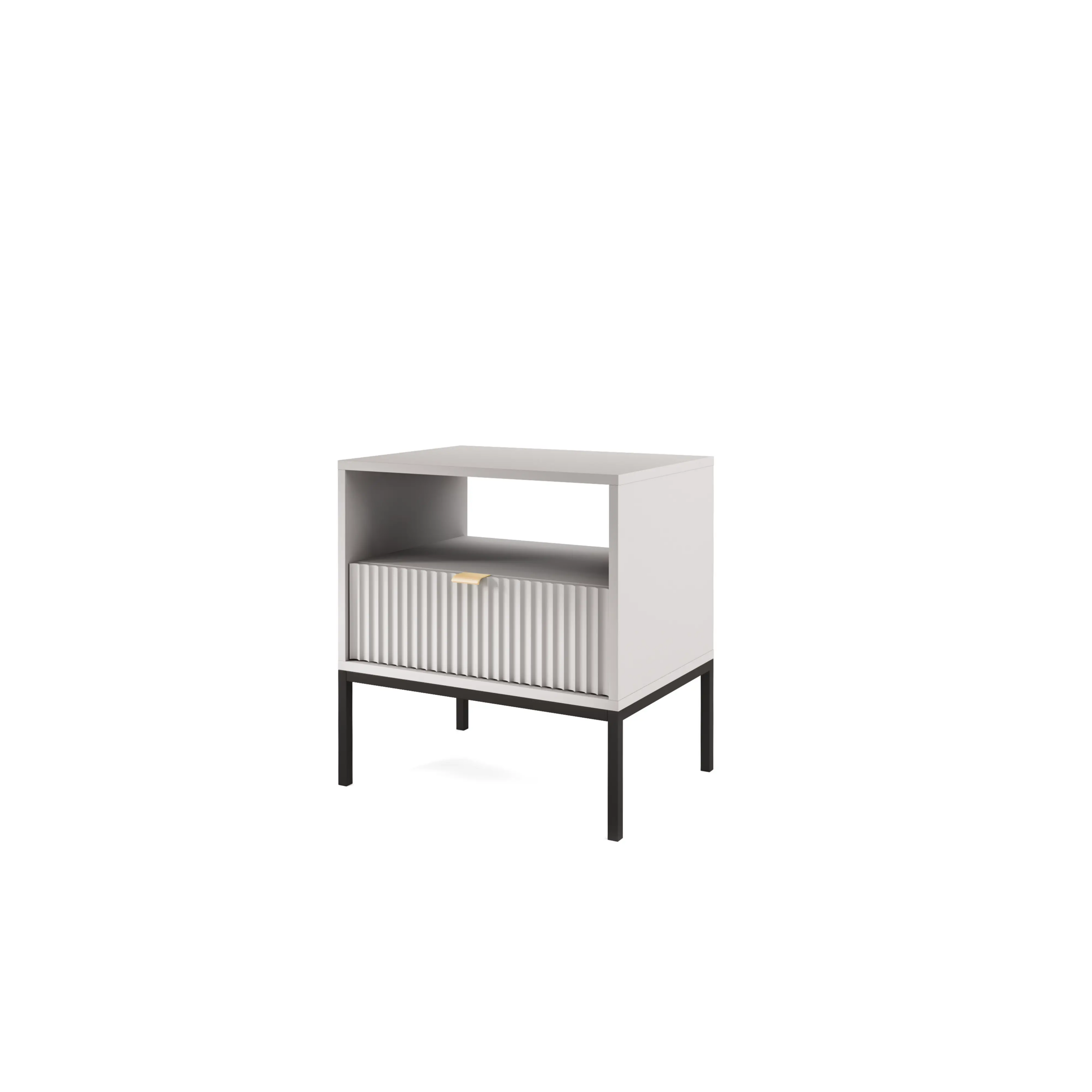 Stolik nocny LUMI 1S – 54 cm, szary, ryflowany front, czarne nóżki