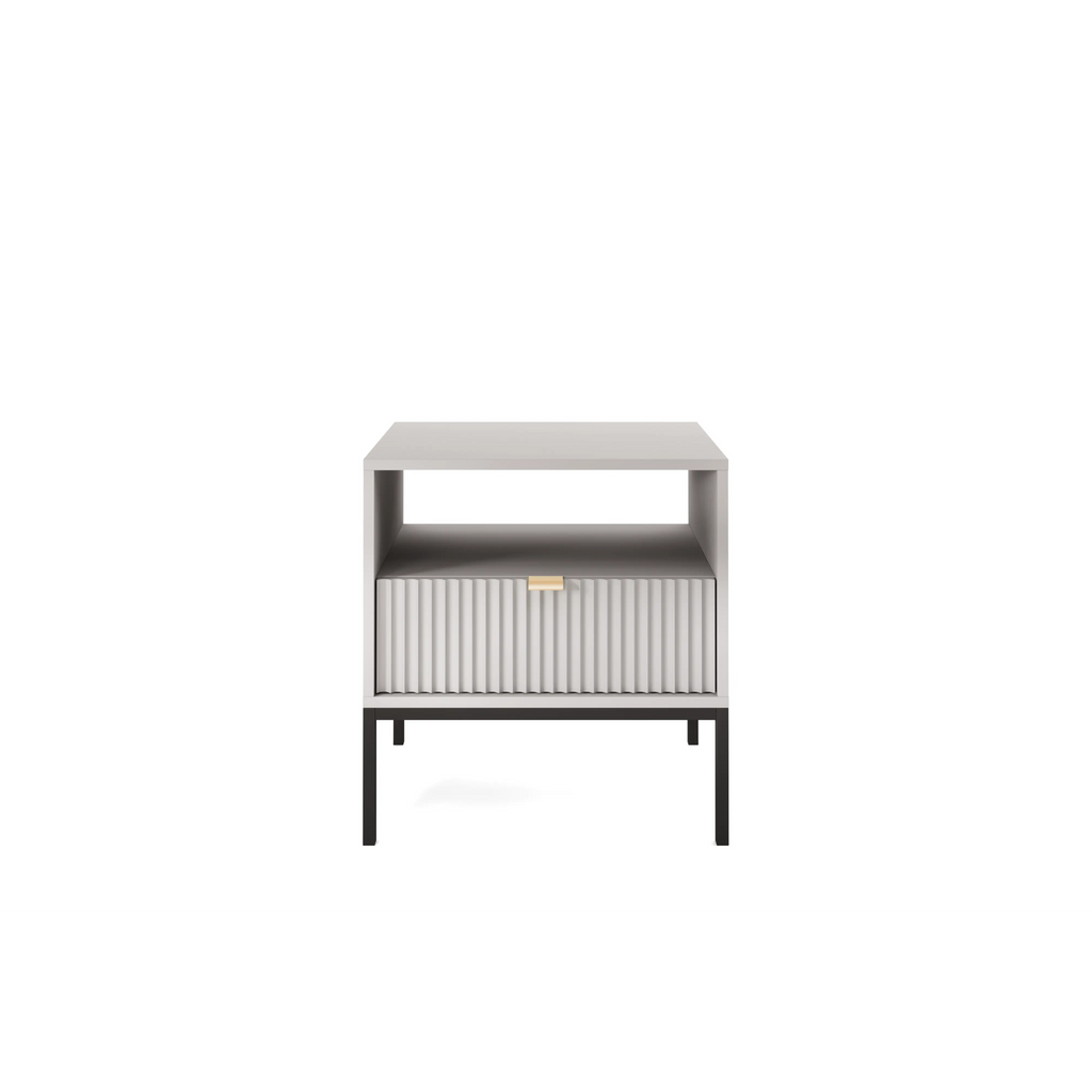 Stolik nocny LUMI 1S – 54 cm, szary, ryflowany front, czarne nóżki