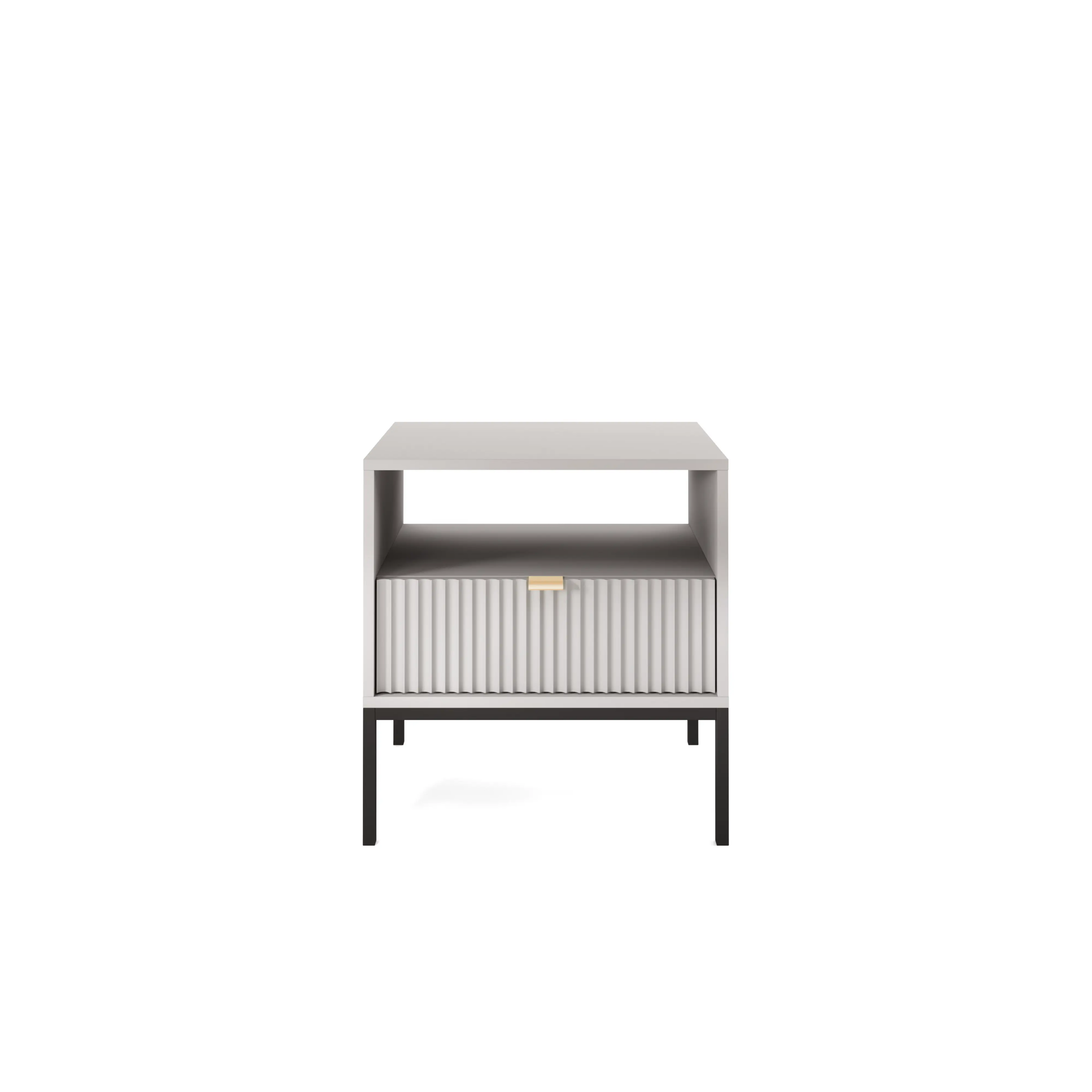 Stolik nocny LUMI 1S – 54 cm, szary, ryflowany front, czarne nóżki