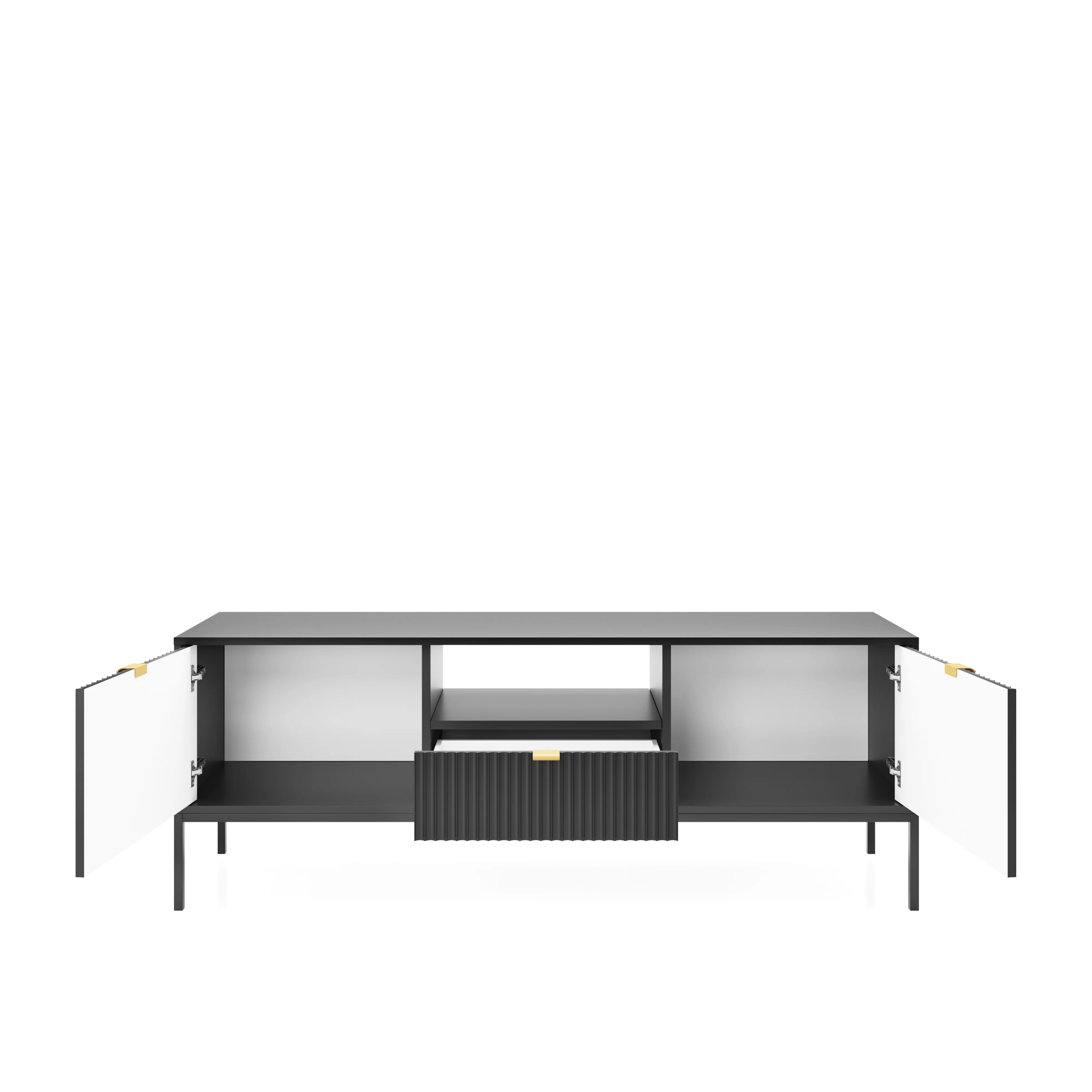 Szafka RTV LUMI 154 cm – czarna, ryflowane fronty, czarne nóżki