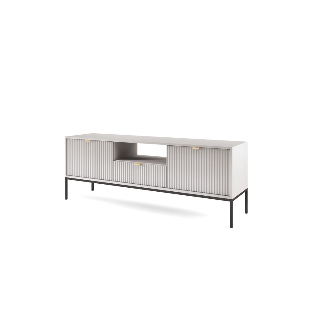 Szafka RTV LUMI 154 cm – szara, ryflowane fronty, czarne nóżki