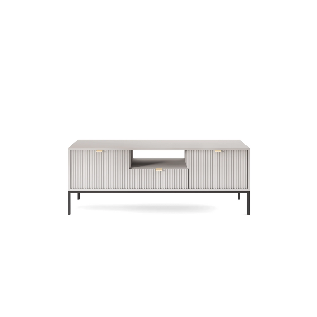 Szafka RTV LUMI 154 cm – szara, ryflowane fronty, czarne nóżki