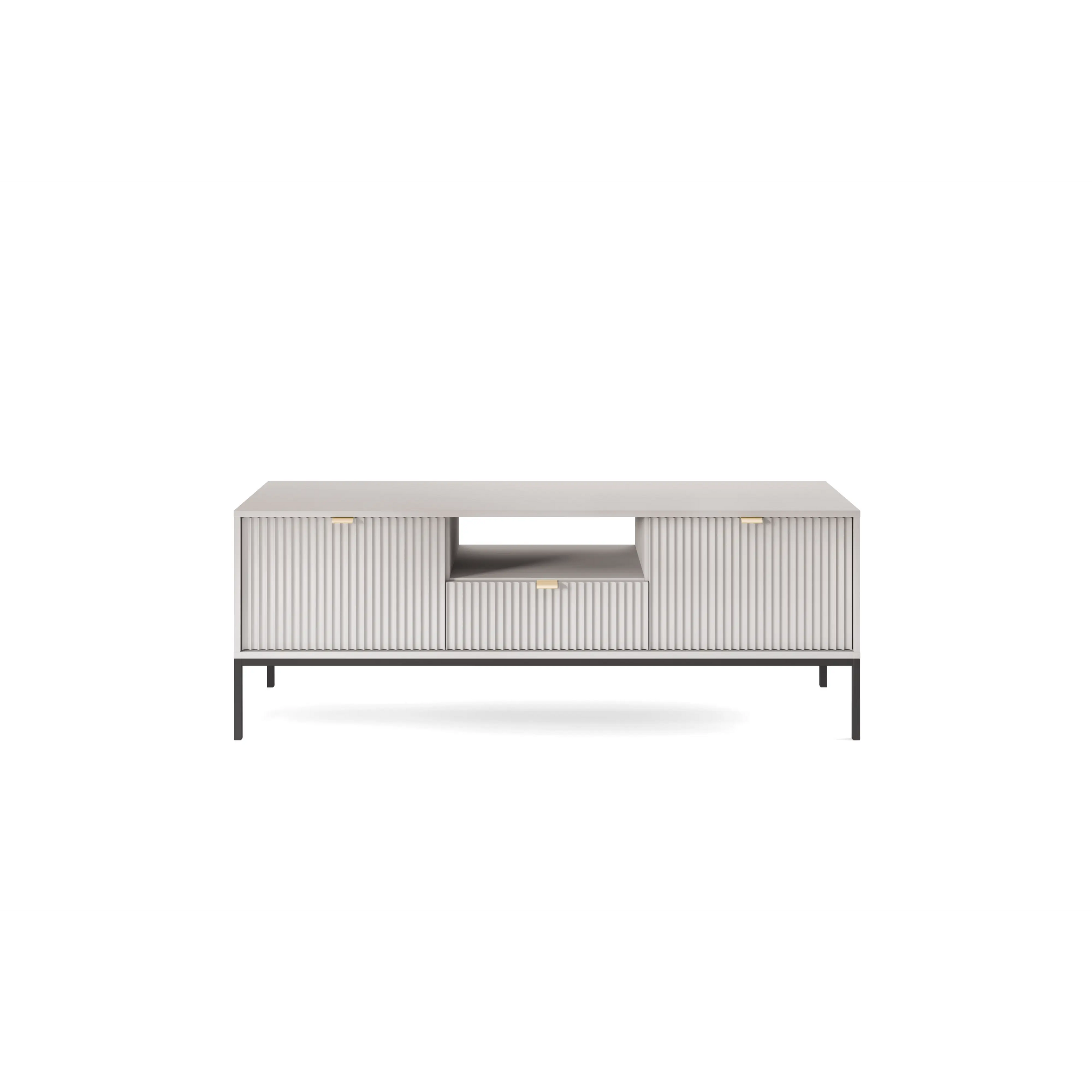Szafka RTV LUMI 154 cm – szara, ryflowane fronty, czarne nóżki