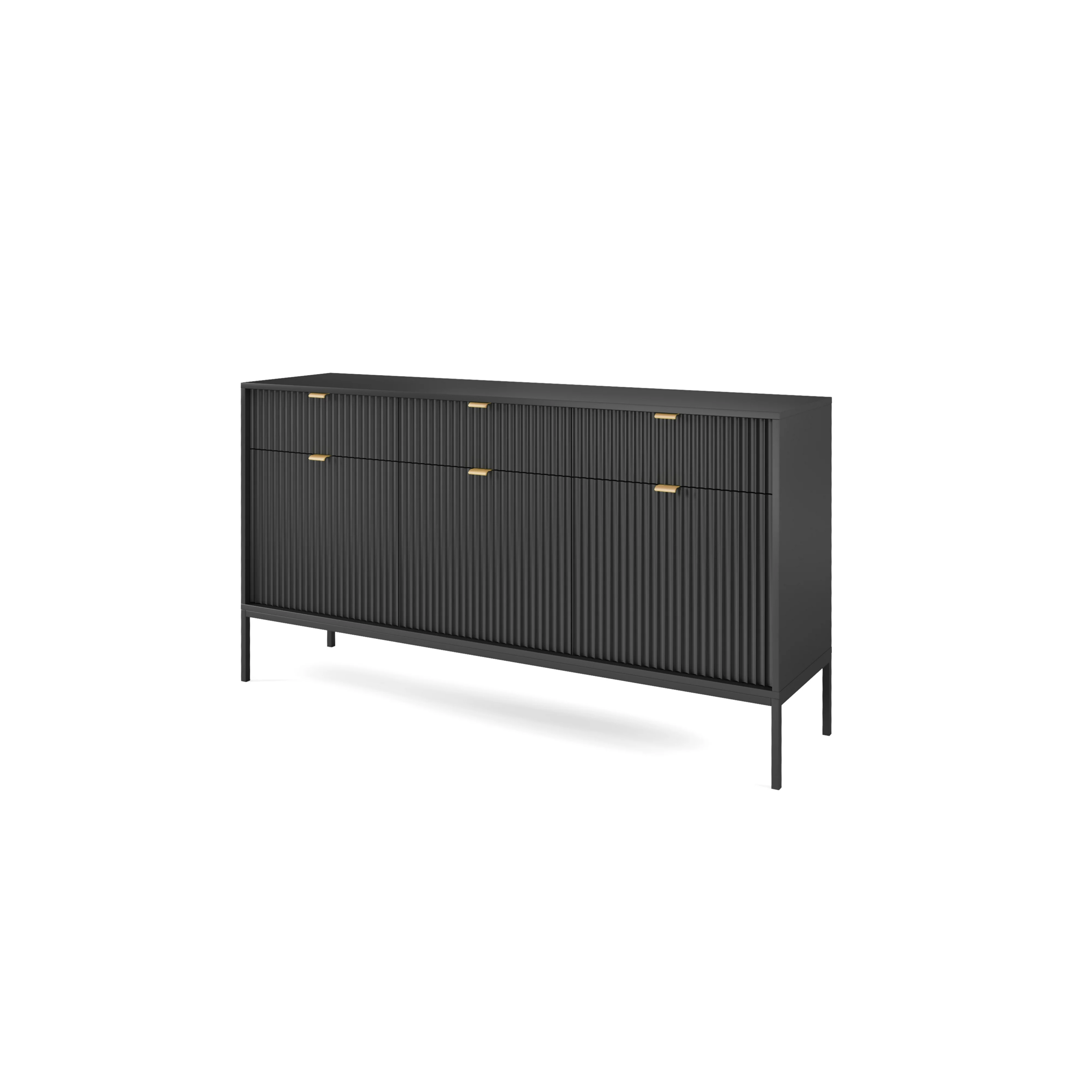 Komoda LUMI 3D – 154 cm, czarna, ryflowane fronty, czarne nóżki