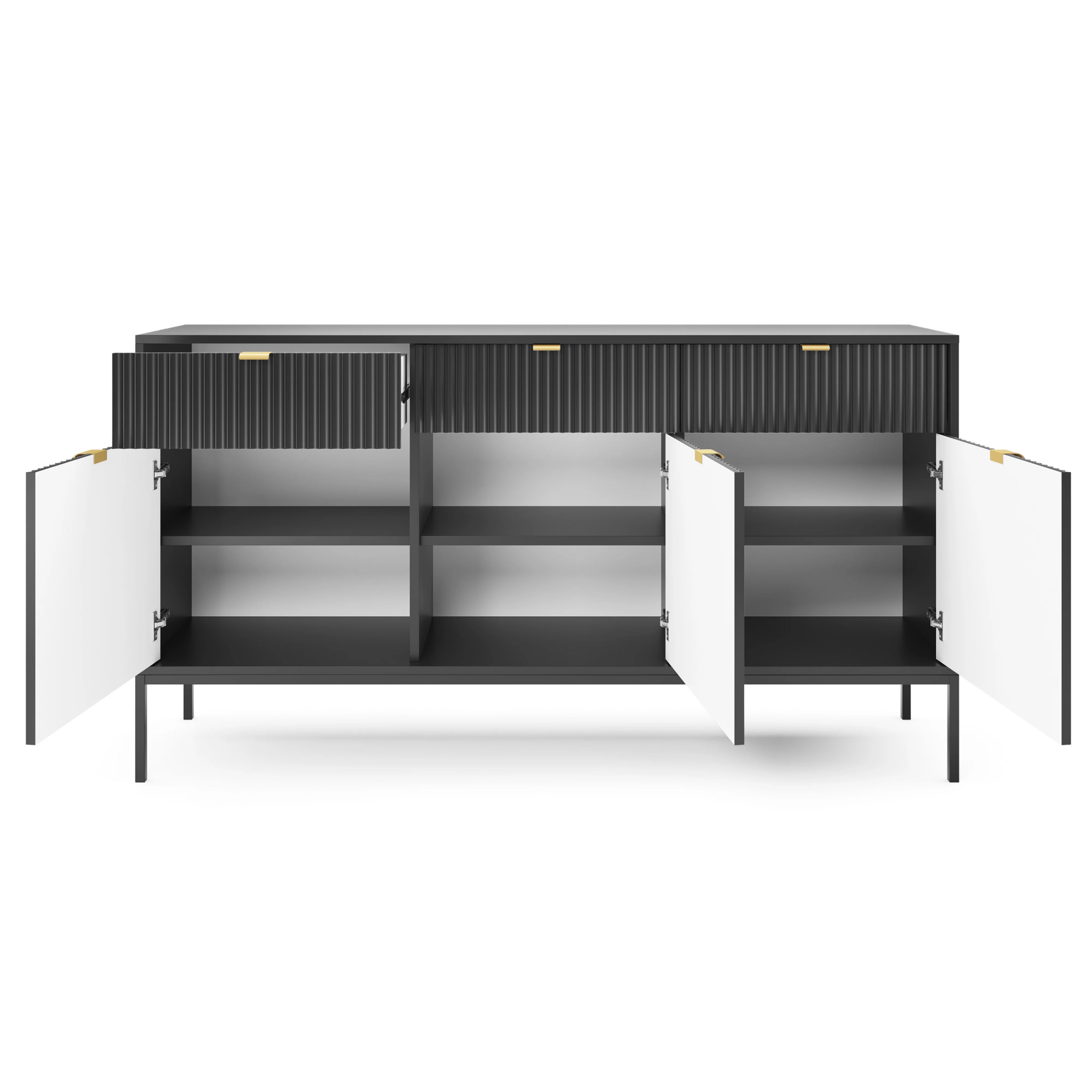 Komoda LUMI 3D – 154 cm, czarna, ryflowane fronty, czarne nóżki