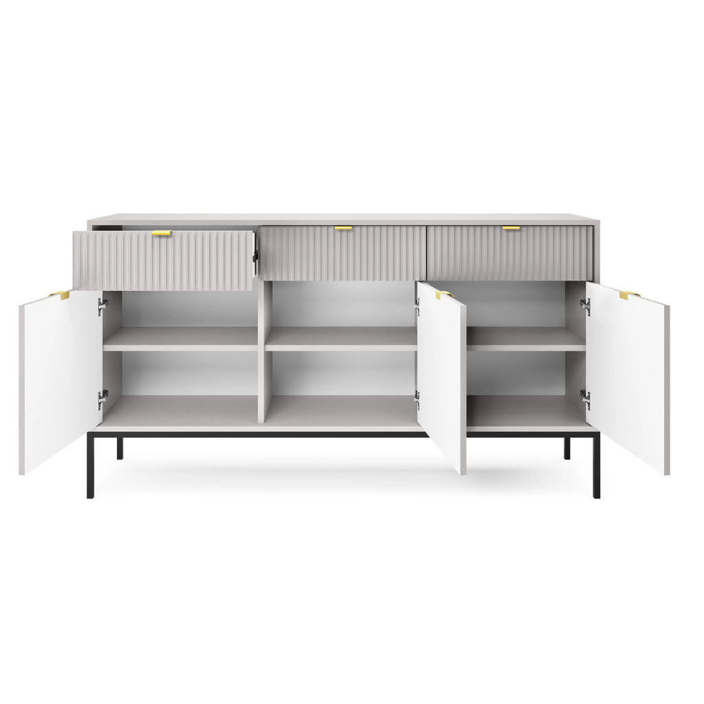 Komoda LUMI 3D – 154 cm, szara, ryflowane fronty, czarne nóżki
