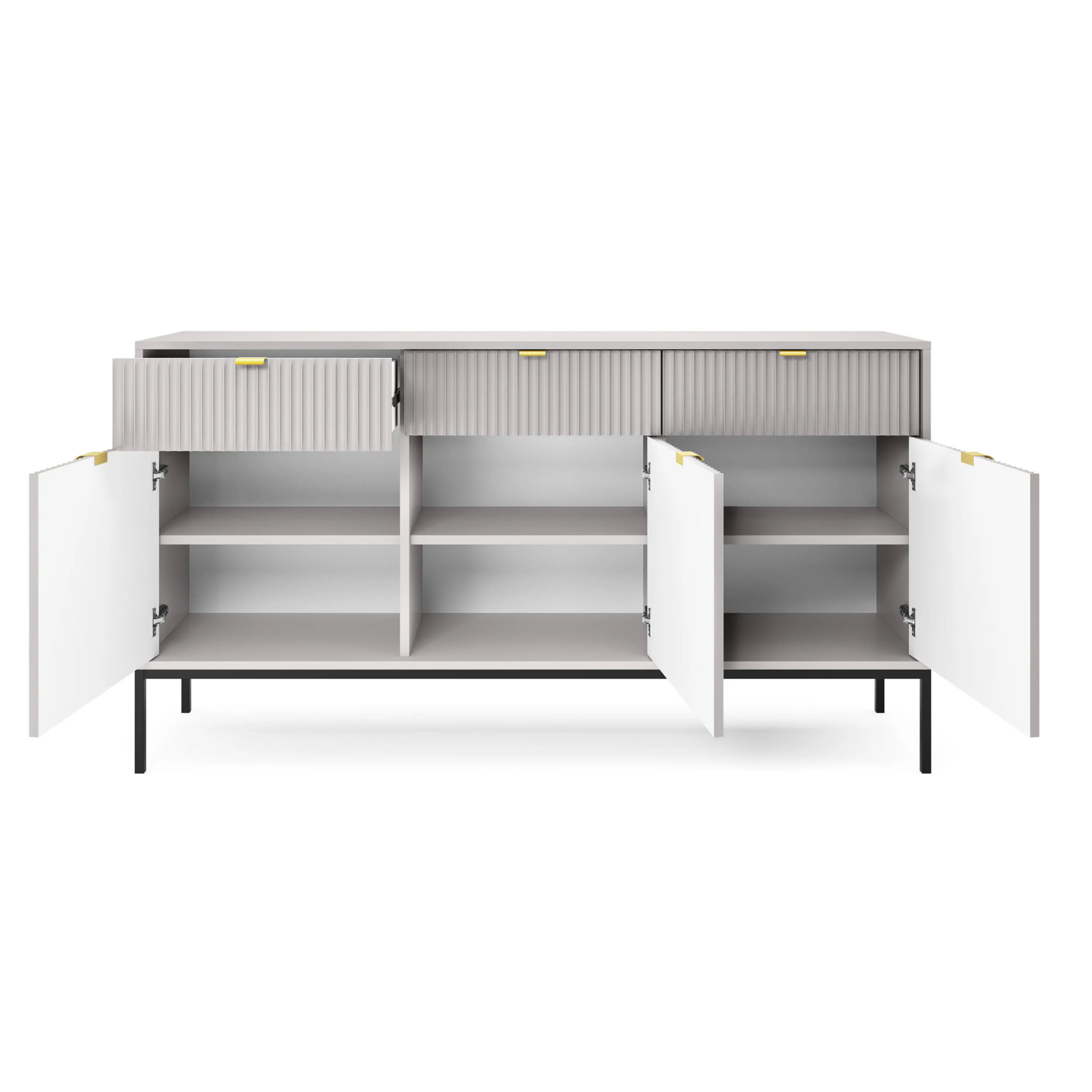 Komoda LUMI 3D – 154 cm, szara, ryflowane fronty, czarne nóżki