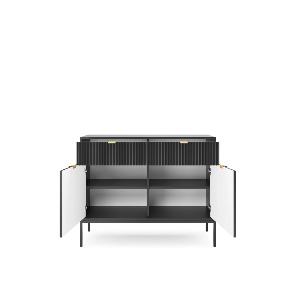 Komoda LUMI 2D2S – 104 cm, czarna, ryflowane fronty, czarne nóżki