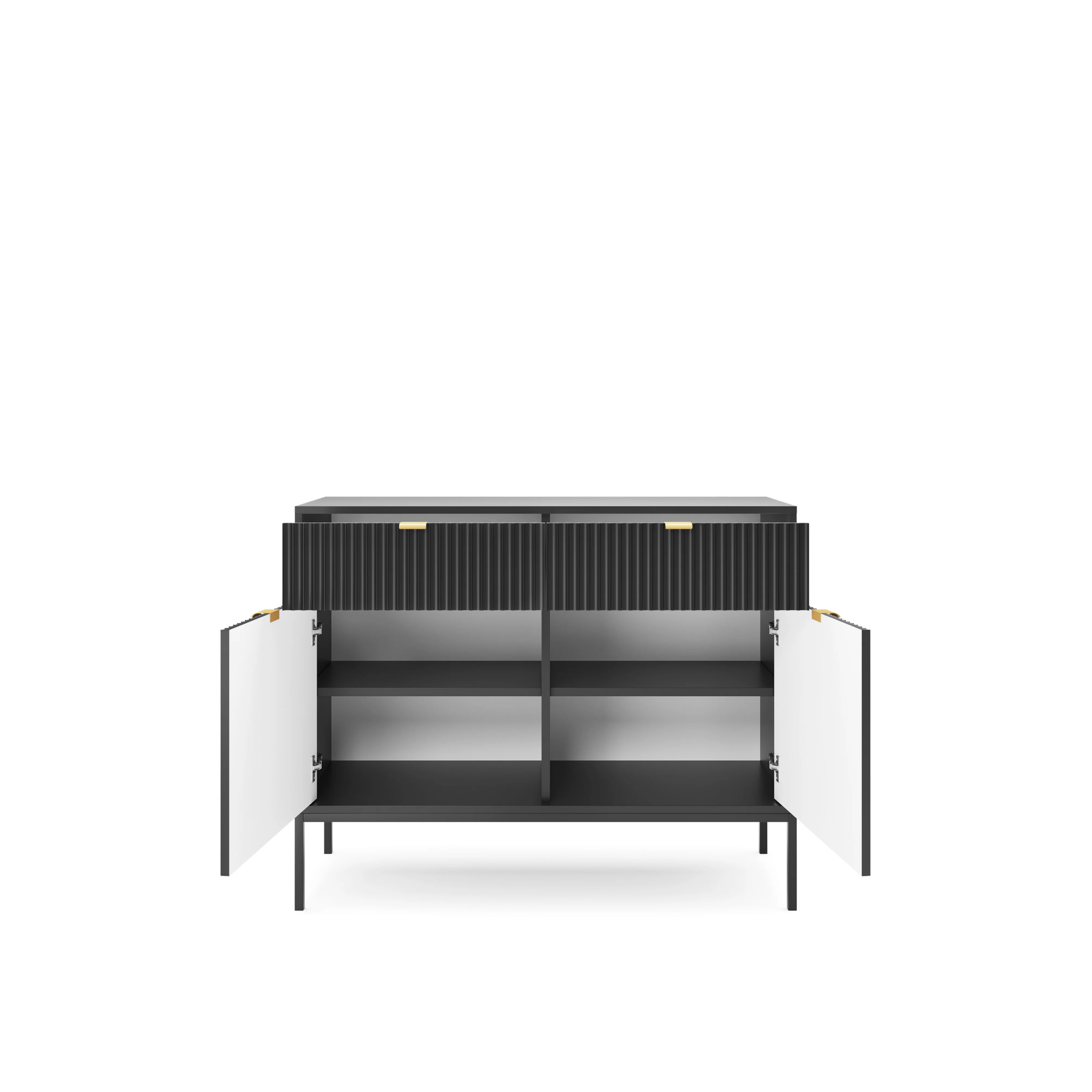 Komoda LUMI 2D2S – 104 cm, czarna, ryflowane fronty, czarne nóżki