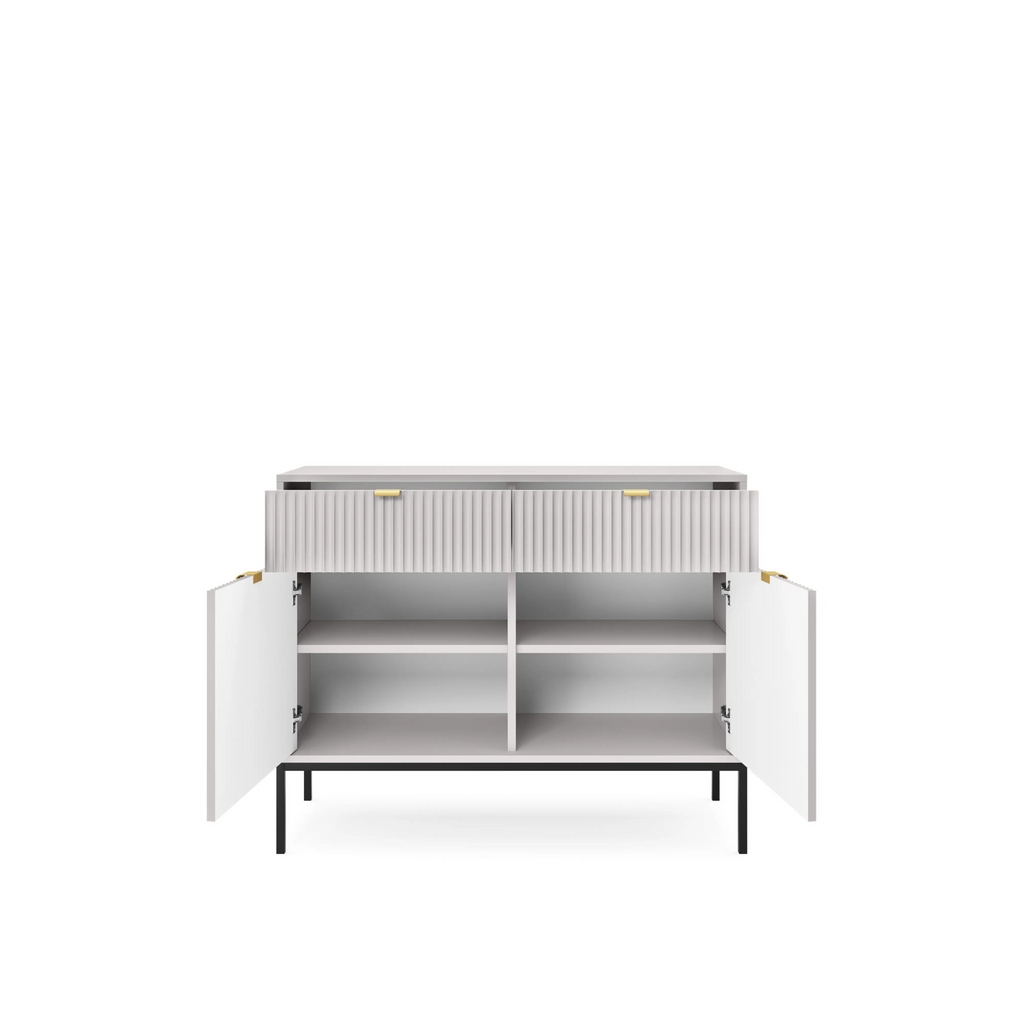 Komoda LUMI 2D2S – 104 cm, szara, ryflowane fronty, czarne nóżki