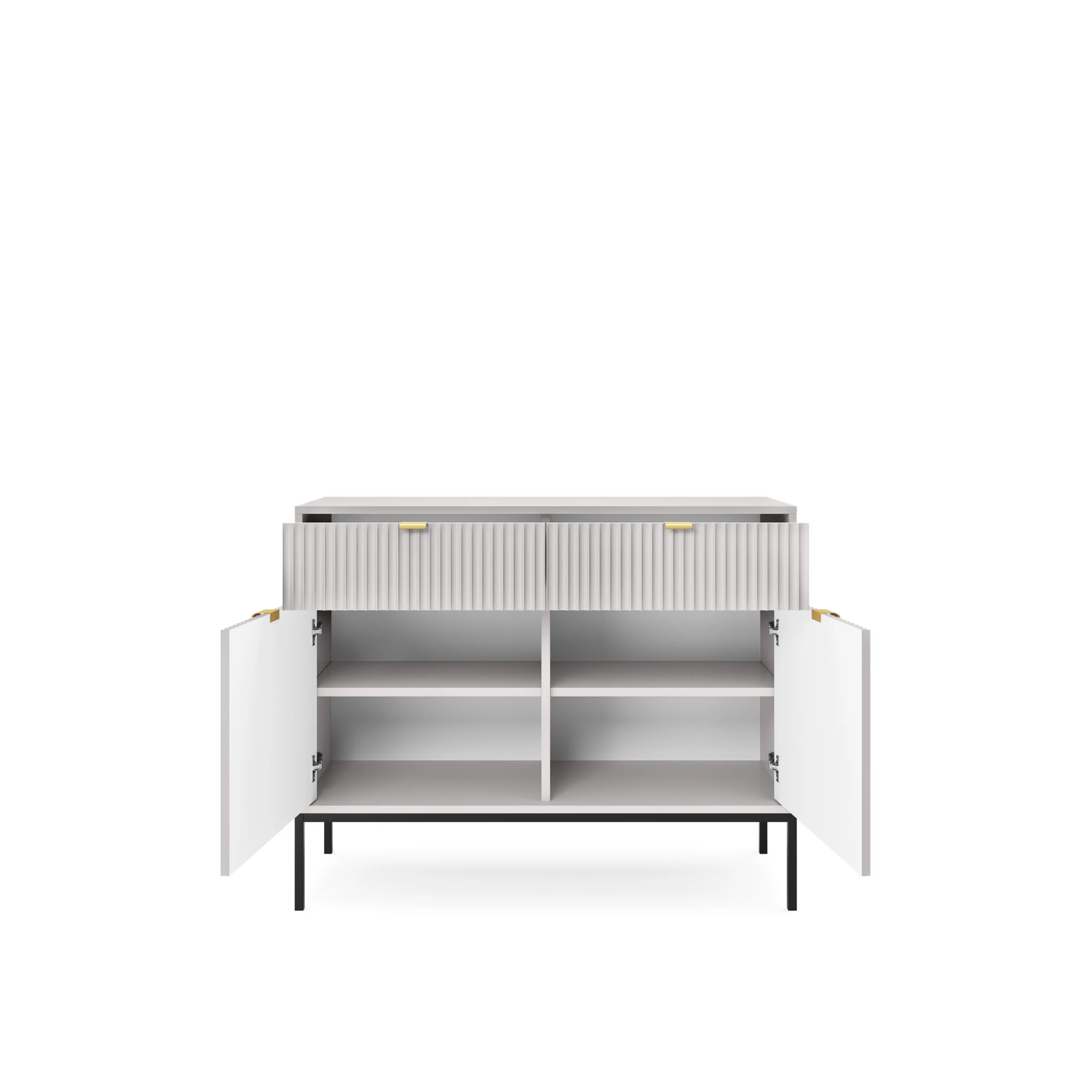Komoda LUMI 2D2S – 104 cm, szara, ryflowane fronty, czarne nóżki