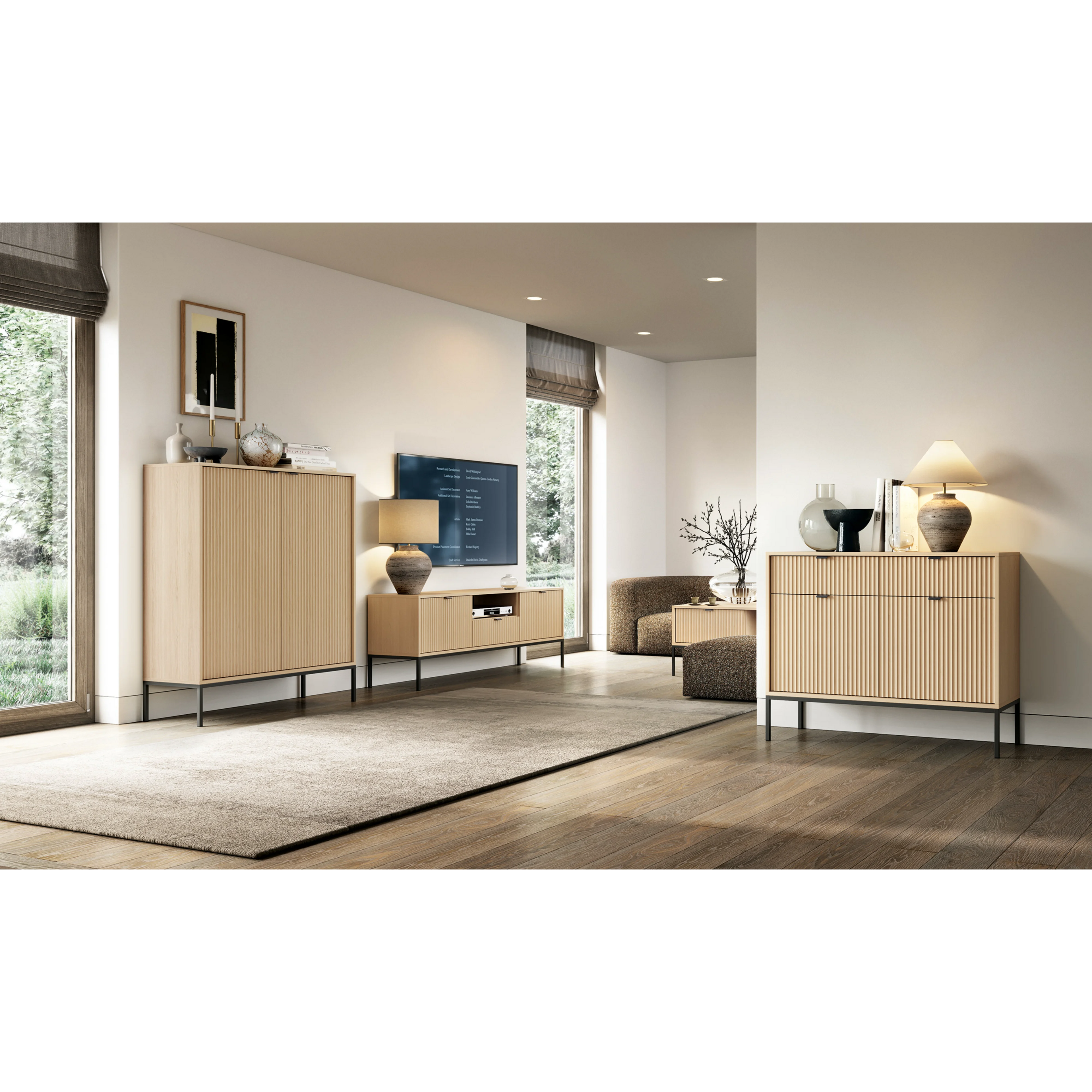 Komoda LUMI 2D2S – 104 cm, dąb Vicenza, ryflowane fronty, czarne nóżki