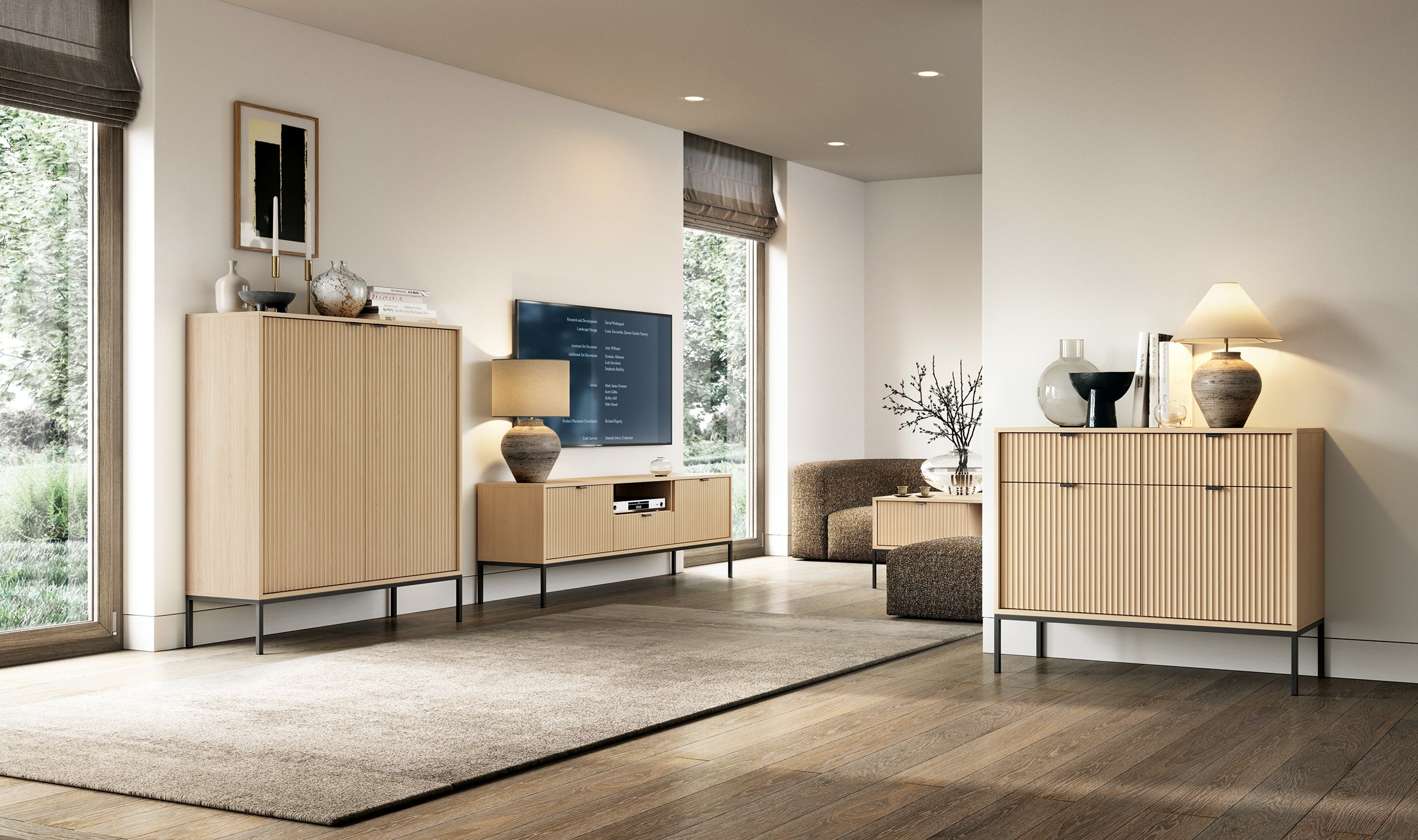 Szafka RTV LUMI 154 cm – dąb Vicenza, ryflowane fronty, czarne nóżki
